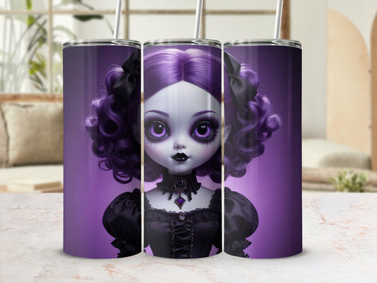 Gothic doll tumbler with purple hair and dark clothing.