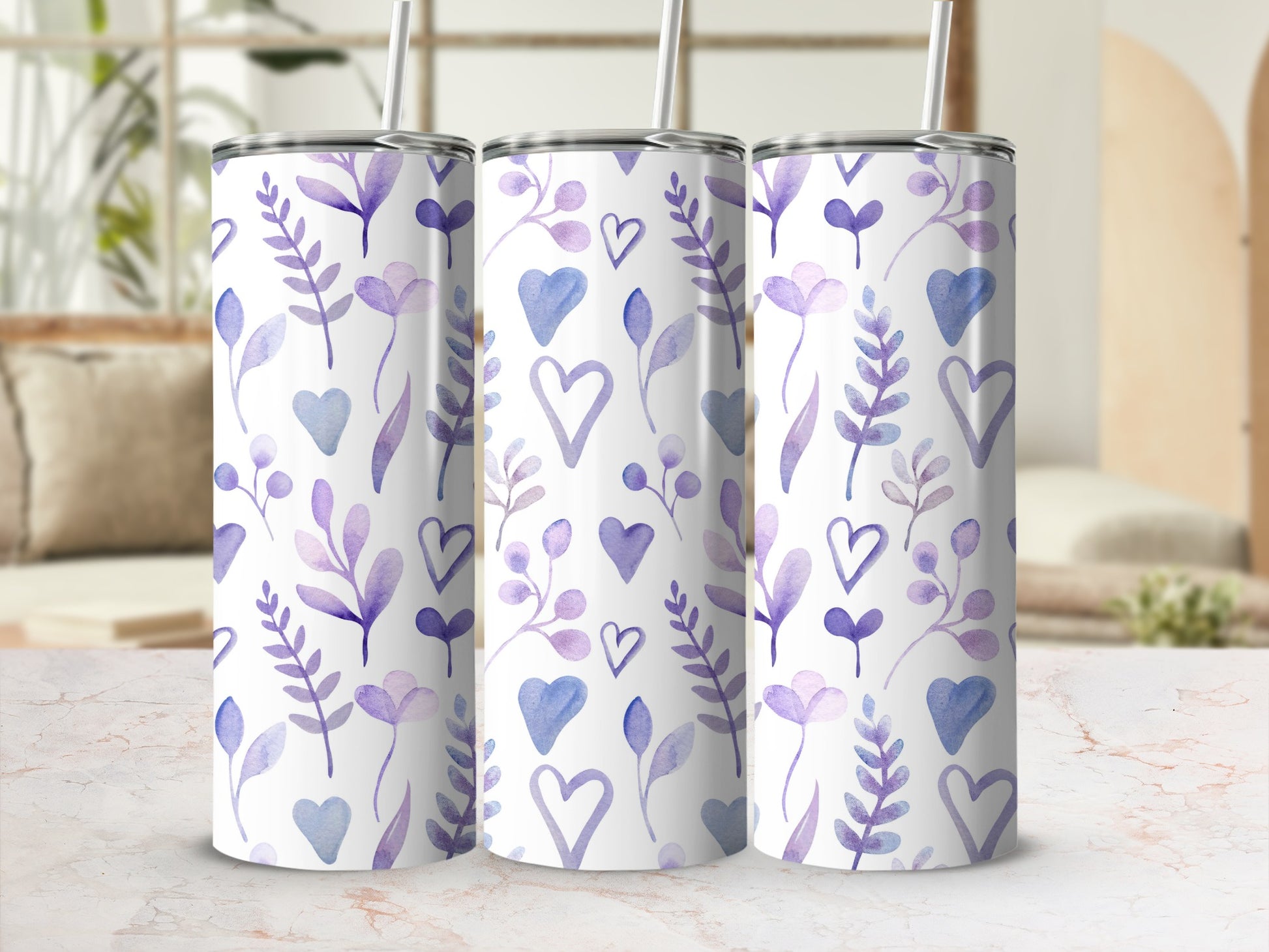 Purple and Blue Abstract Heart and Leaf Tumbler