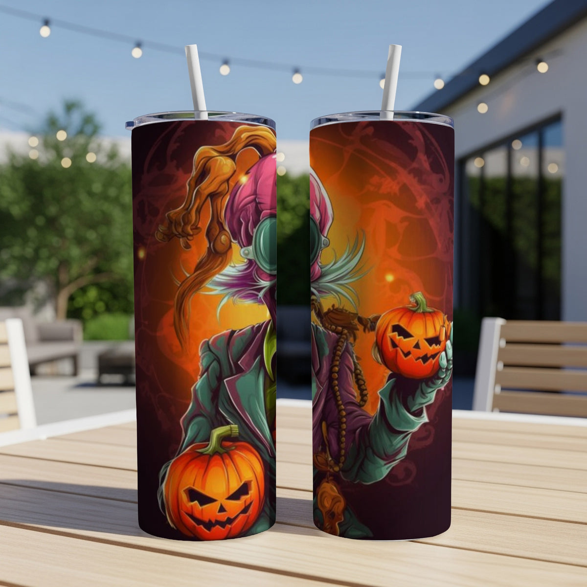 Two tumblers with a spooky Halloween character holding jack-o'-lanterns.