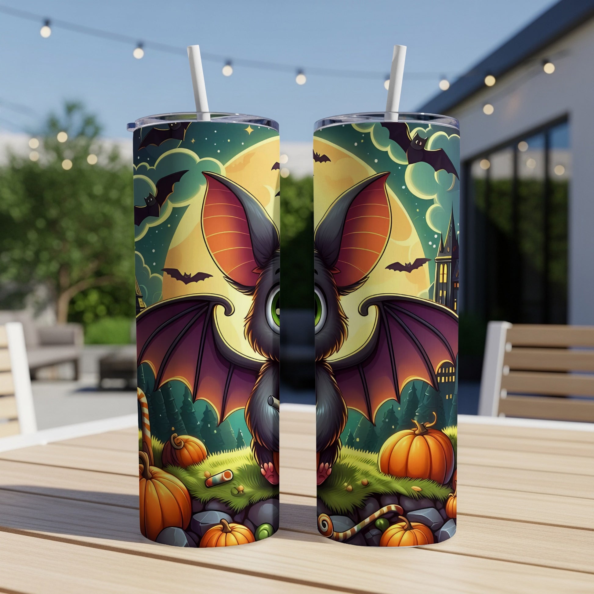 Two tumblers with a Halloween design featuring a cute bat, pumpkins, and a castle.