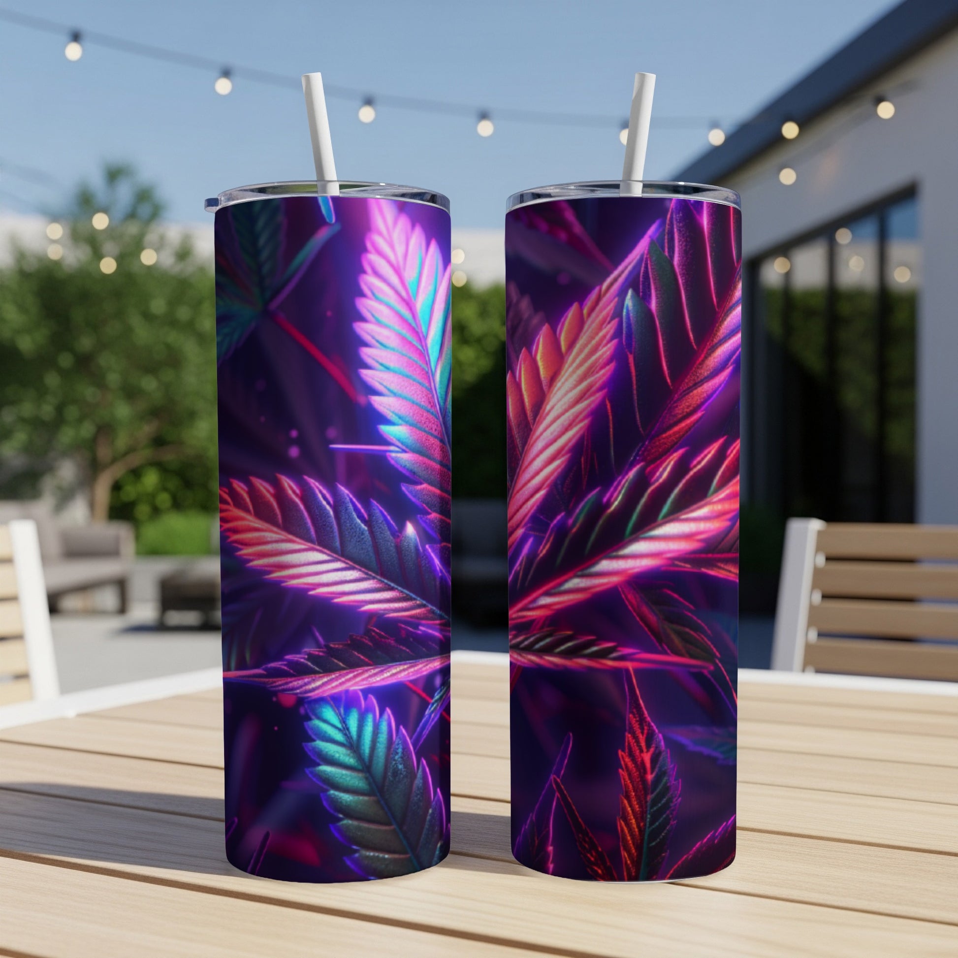 Two tumblers featuring a vibrant, neon-lit cannabis leaf design.