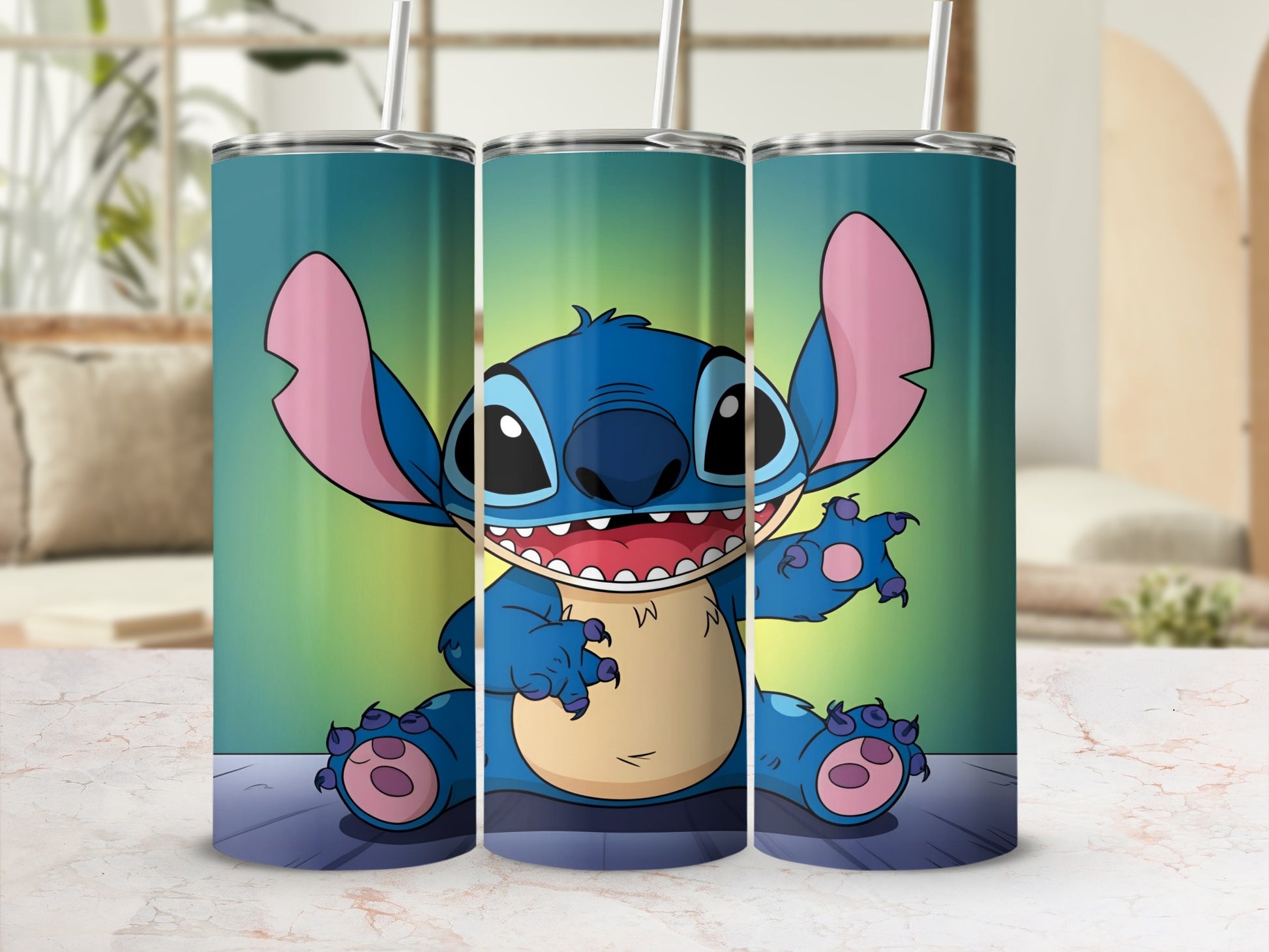 Blue alien Stitch character sitting with open mouth and wide smile.