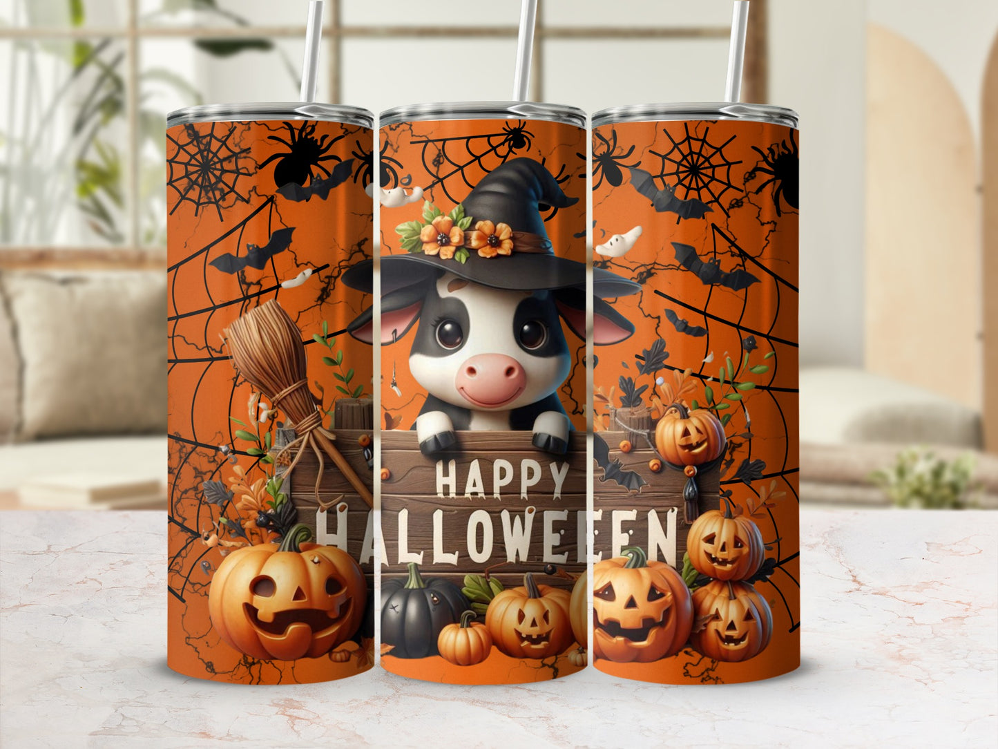 Cute Cow Halloween Tumbler with Pumpkins and Spider Webs