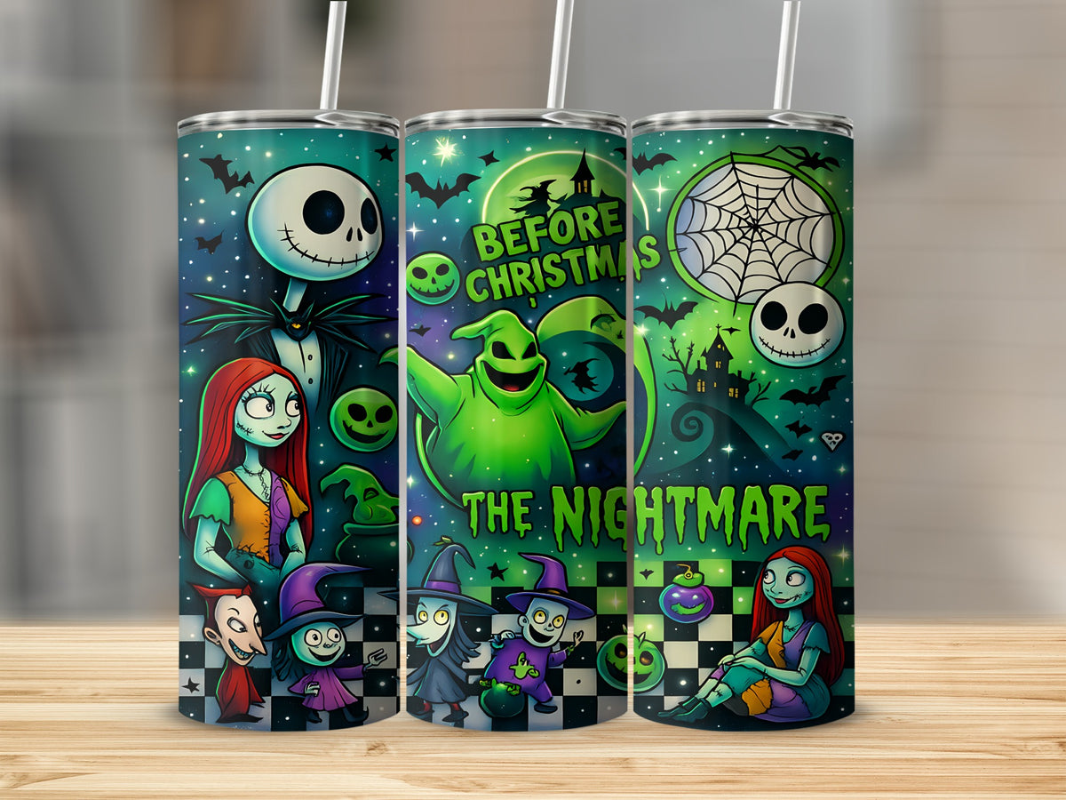 The Nightmare Before Christmas characters on a teal, starry tumbler.