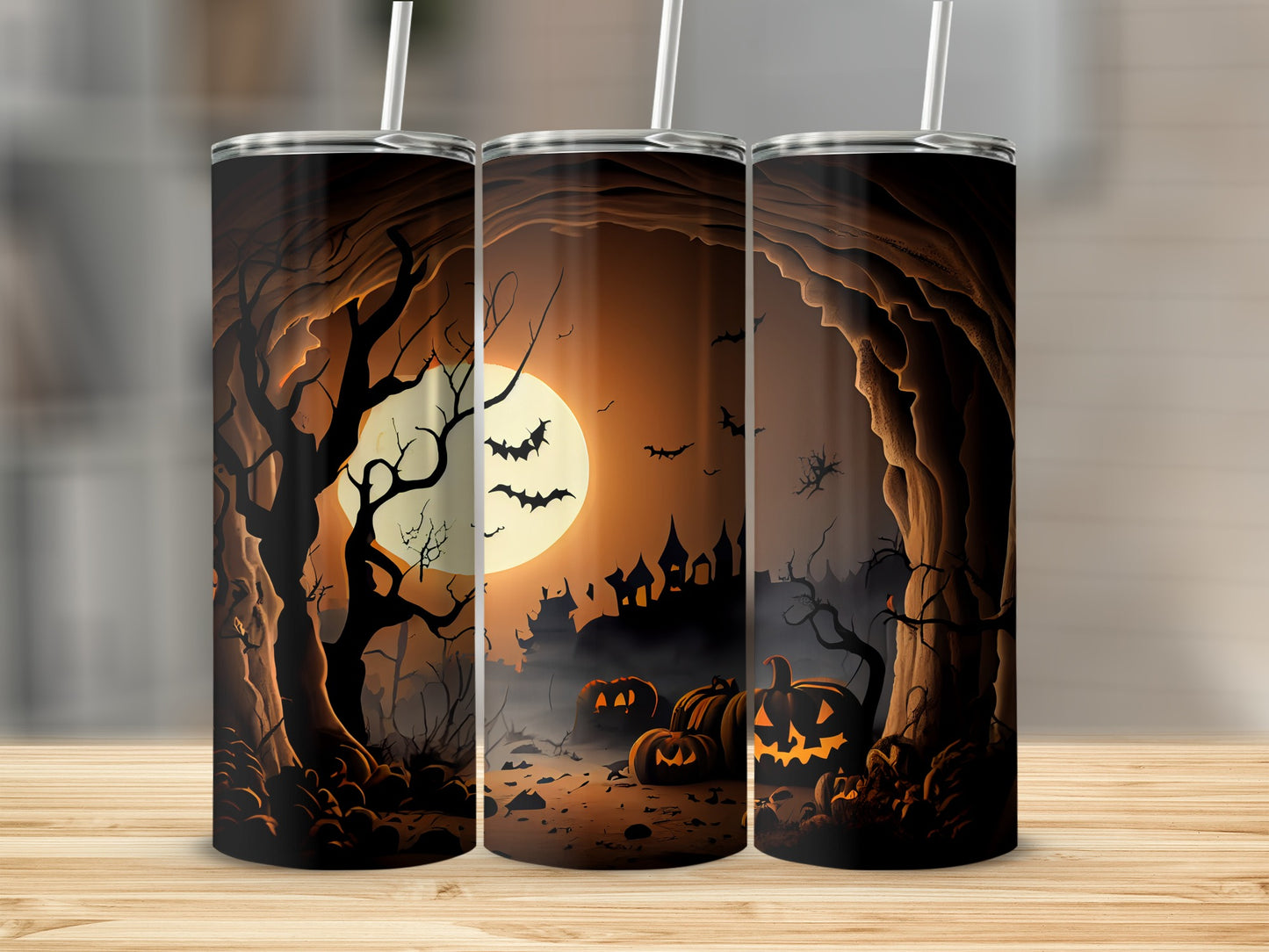 Three tumblers feature a spooky Halloween scene with pumpkins, bats, and a haunted castle.