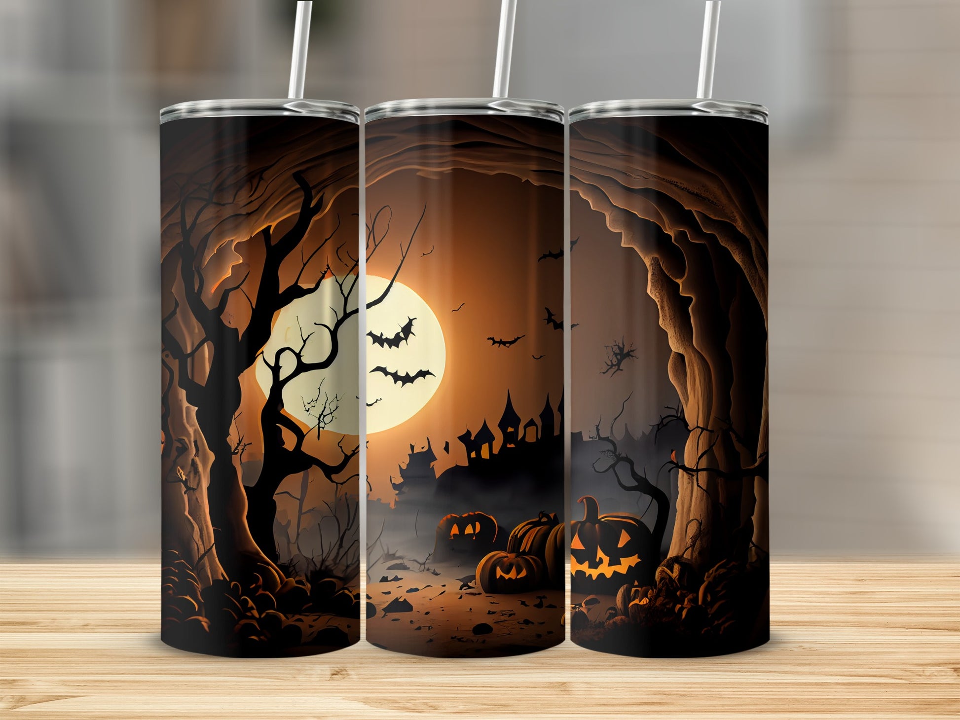 Three tumblers feature a spooky Halloween scene with pumpkins, bats, and a haunted castle.