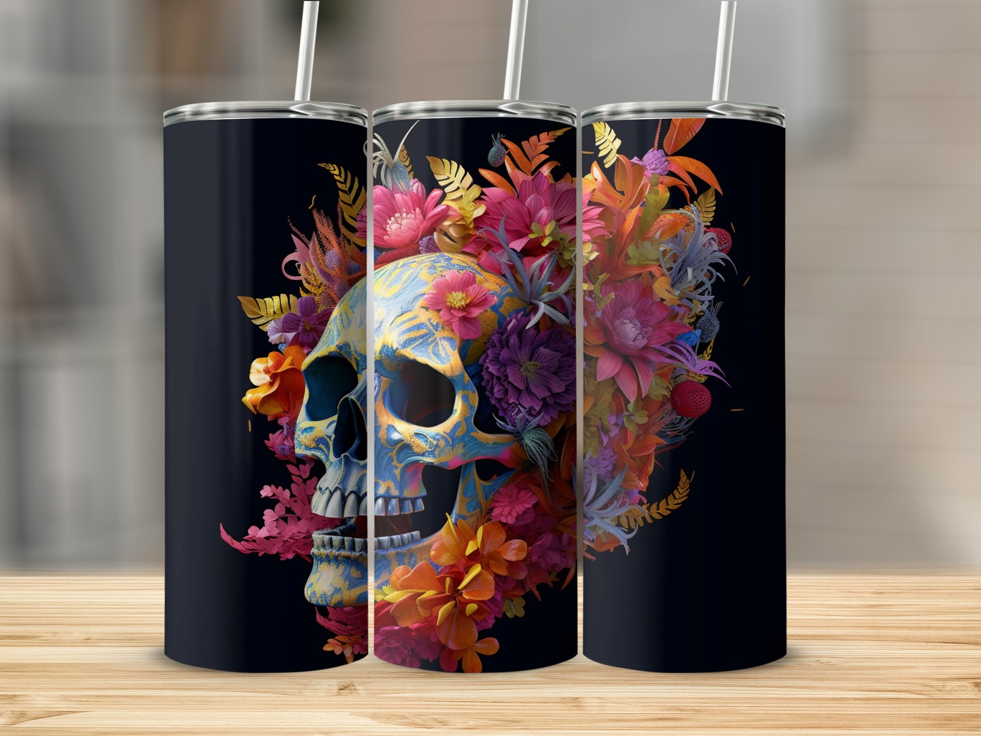 Colorful Floral Skull Tumbler with Straw