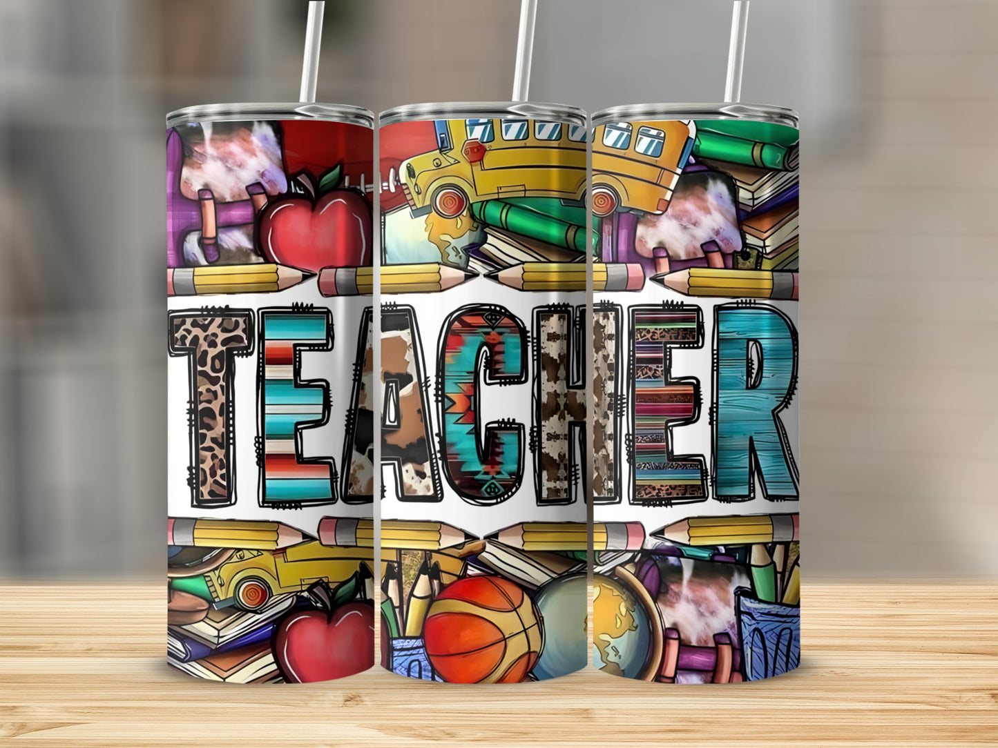 Teacher tumbler with school supplies, apples, globe, and basketball designs.