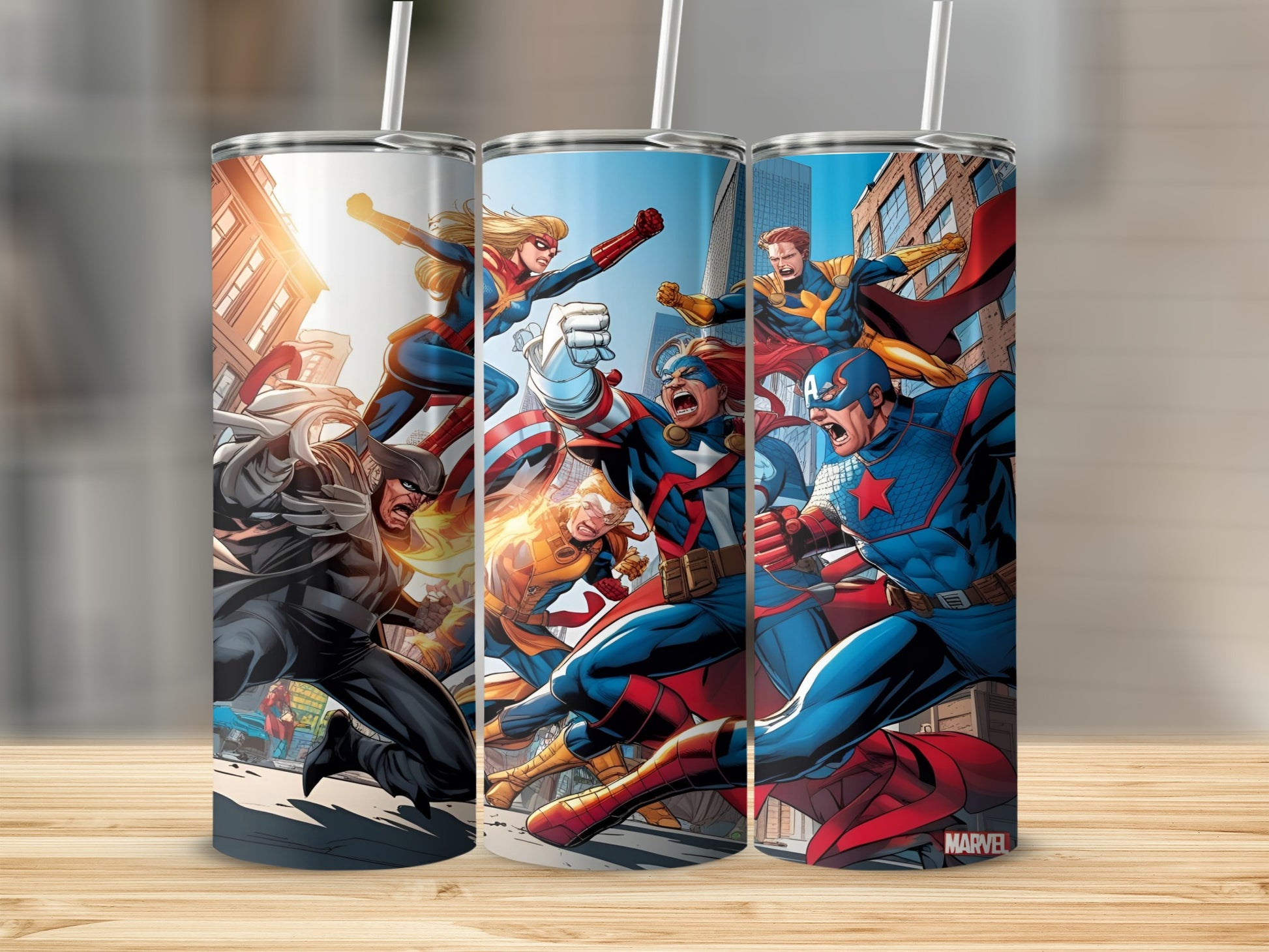 Marvel superheroes Captain America, Wolverine, and Iron Man in a city battle scene.
