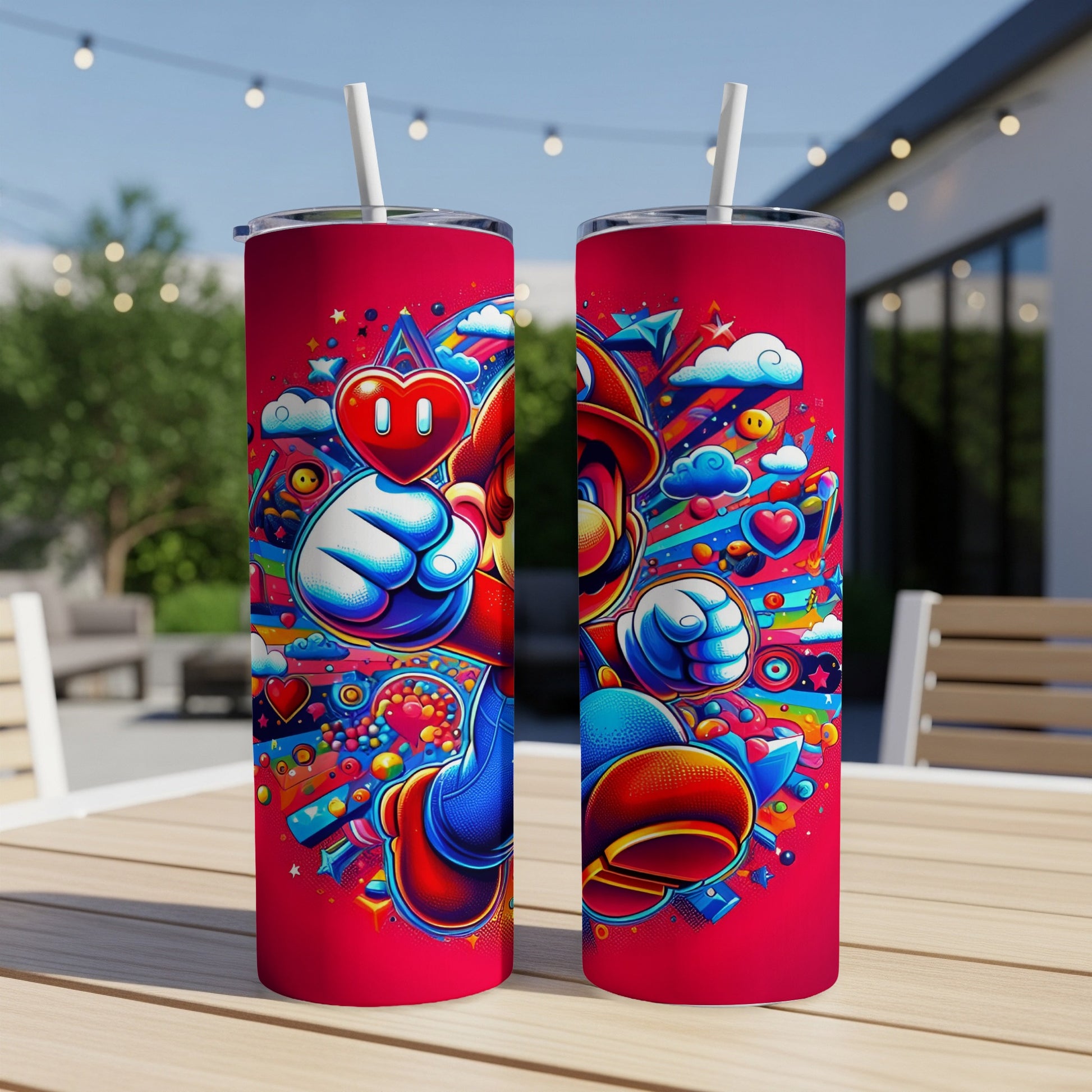 Mario character design with hearts and stars on a red tumbler.