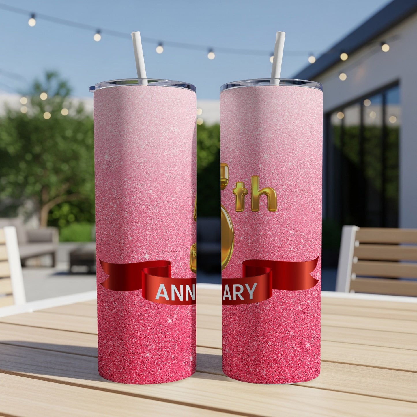 Pink glitter tumbler with "5th Anniversary" text and red ribbon.