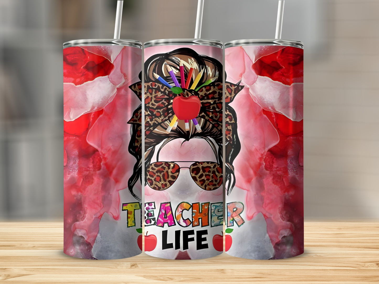Teacher life tumbler with a messy bun, leopard print sunglasses, and apple accents.