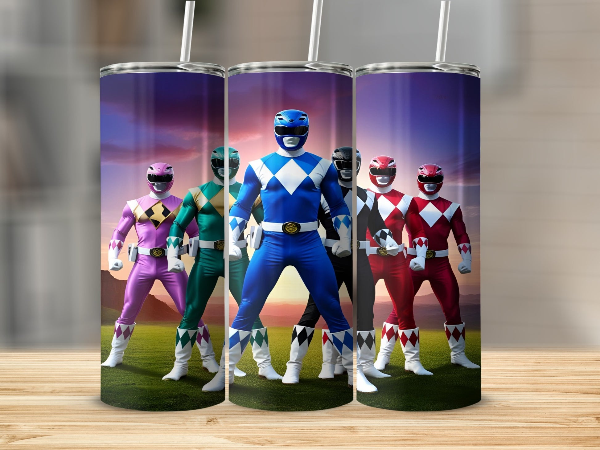 Five Power Rangers in colorful suits stand on green grass against a sunset sky.
