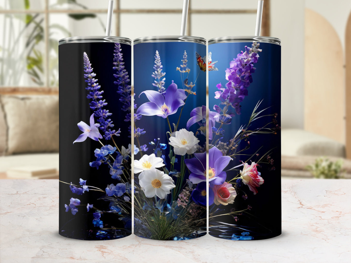 Floral bouquet tumbler with purple flowers and butterflies.
