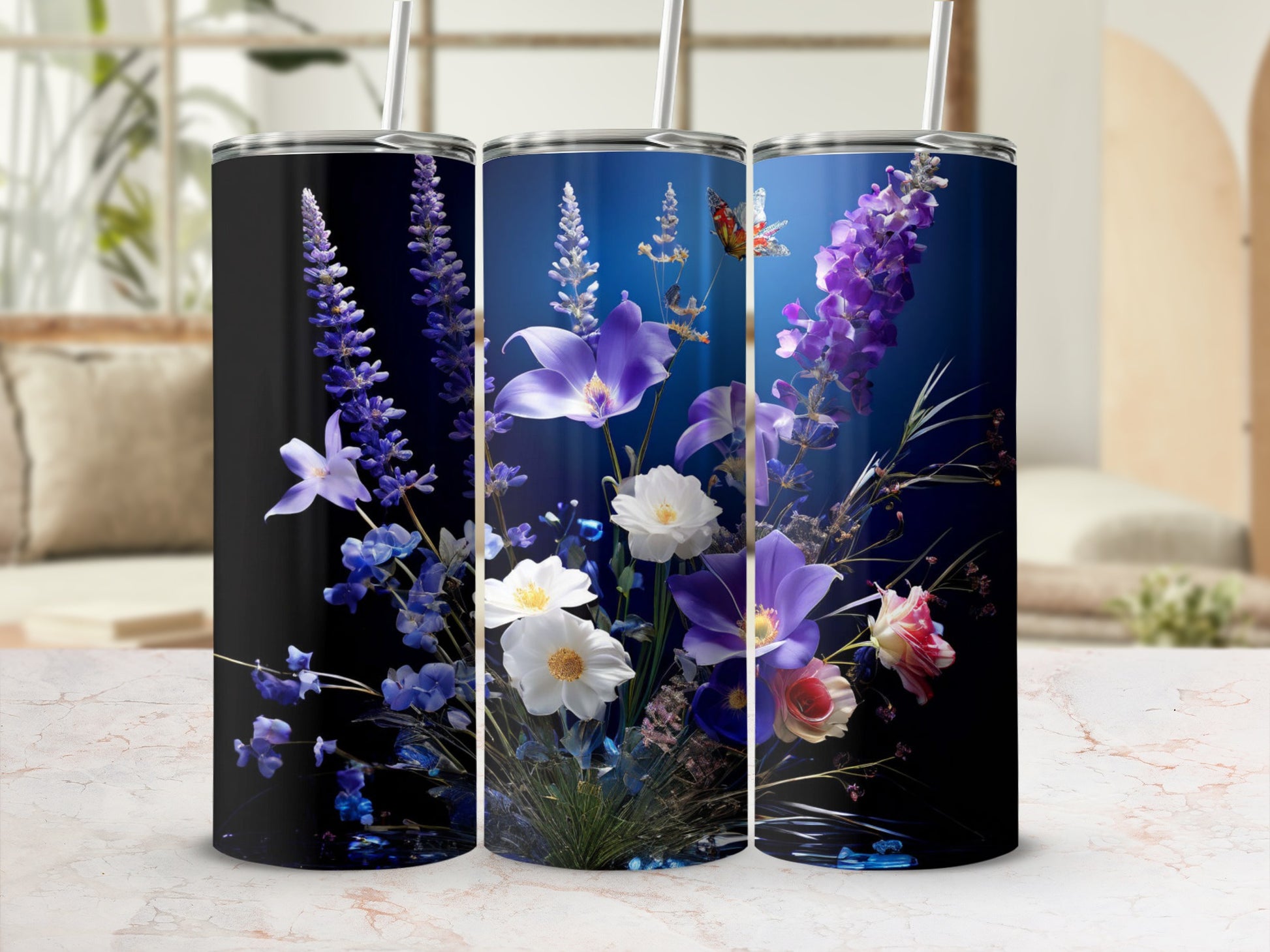 Floral bouquet tumbler with purple flowers and butterflies.