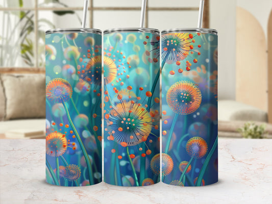 Three tumblers featuring a blue and orange dandelion design on a blurred background.