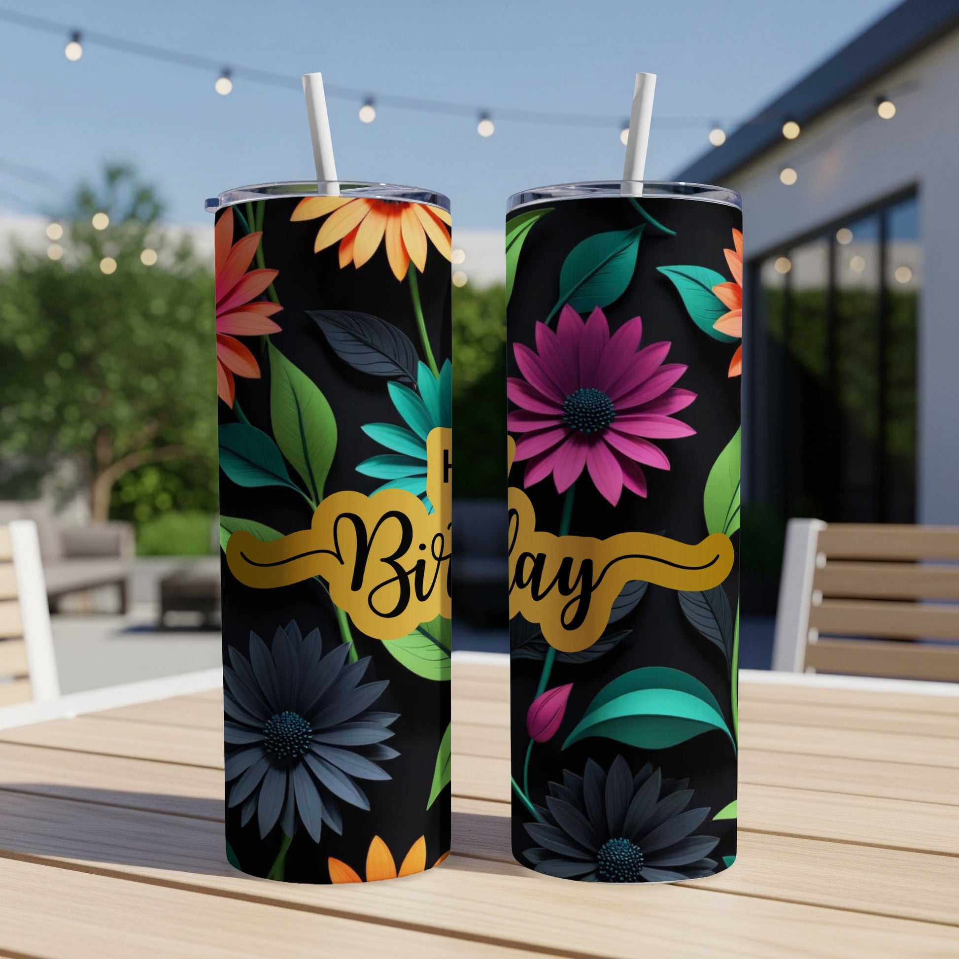 Two tumblers with a dark background, floral pattern, and "Happy Birthday" text.