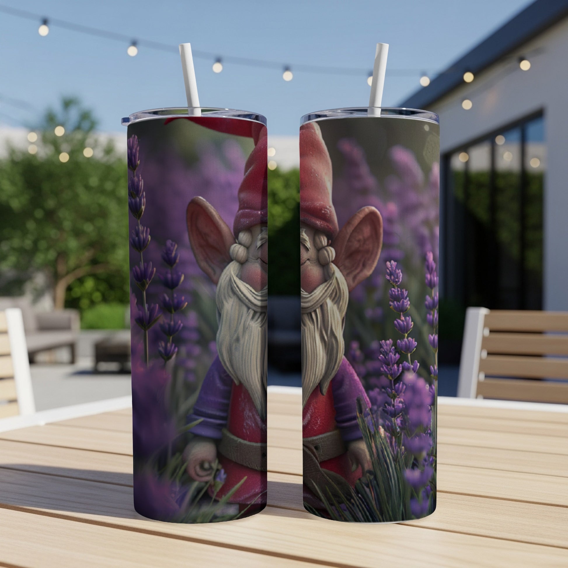 Two tumblers with a gnome design and lavender background on a table.