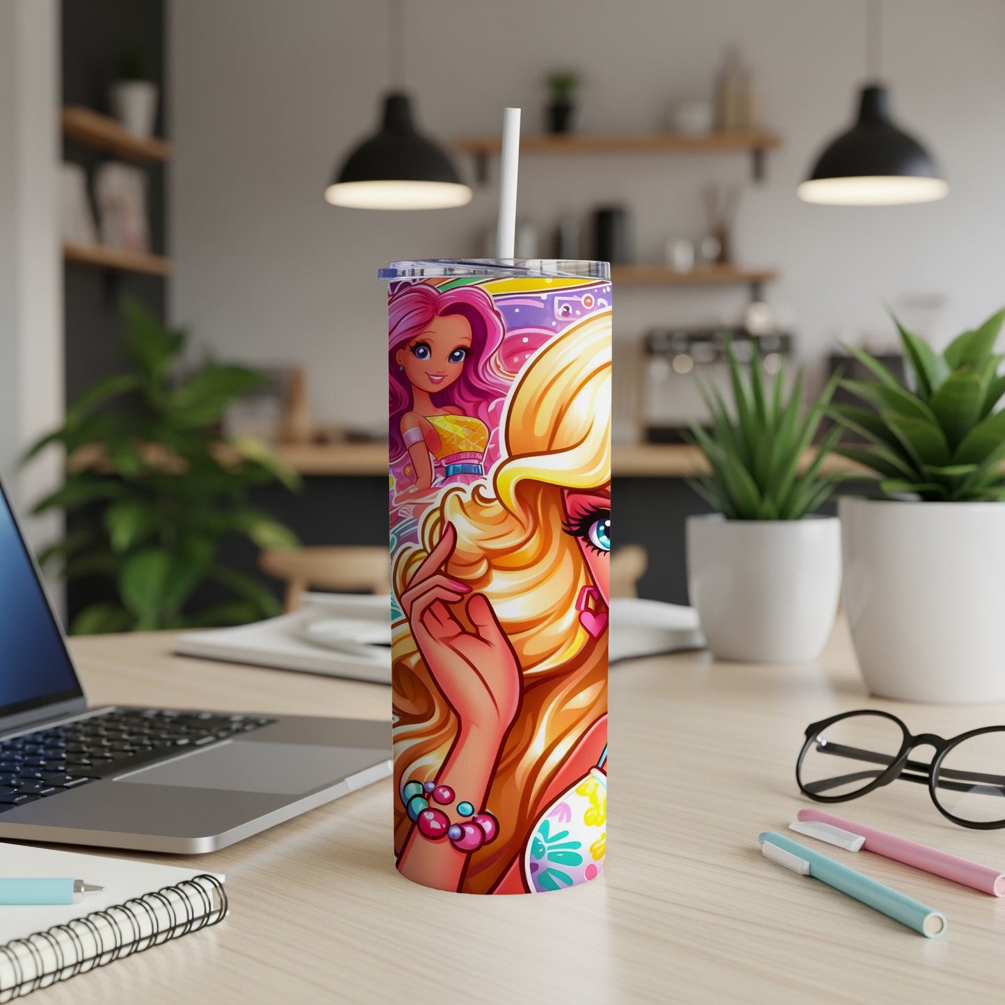 Barbie illustration on a white tumbler with straw, on a desk.