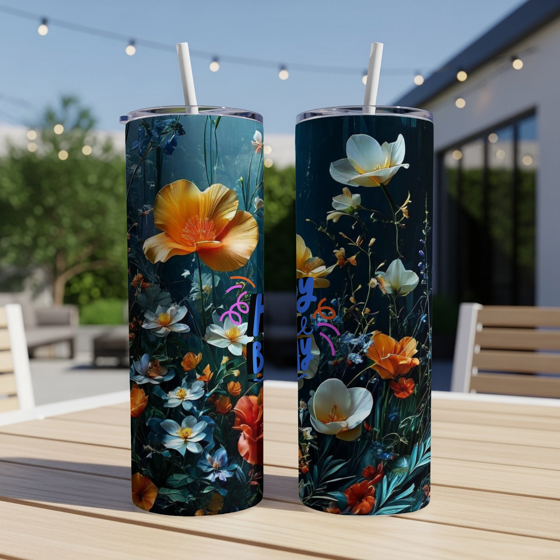 Two tumblers with floral art and "Happy Birthday" text on a table.