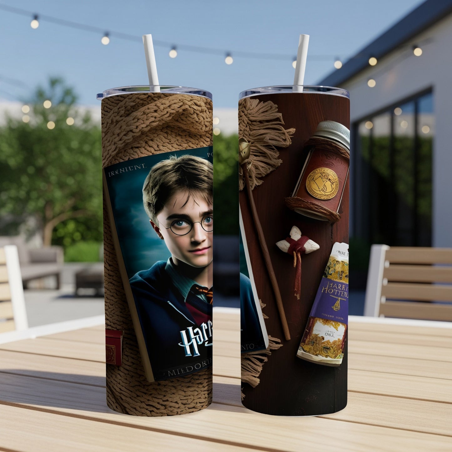 Harry Potter tumbler with Hogwarts crest and potion bottles.