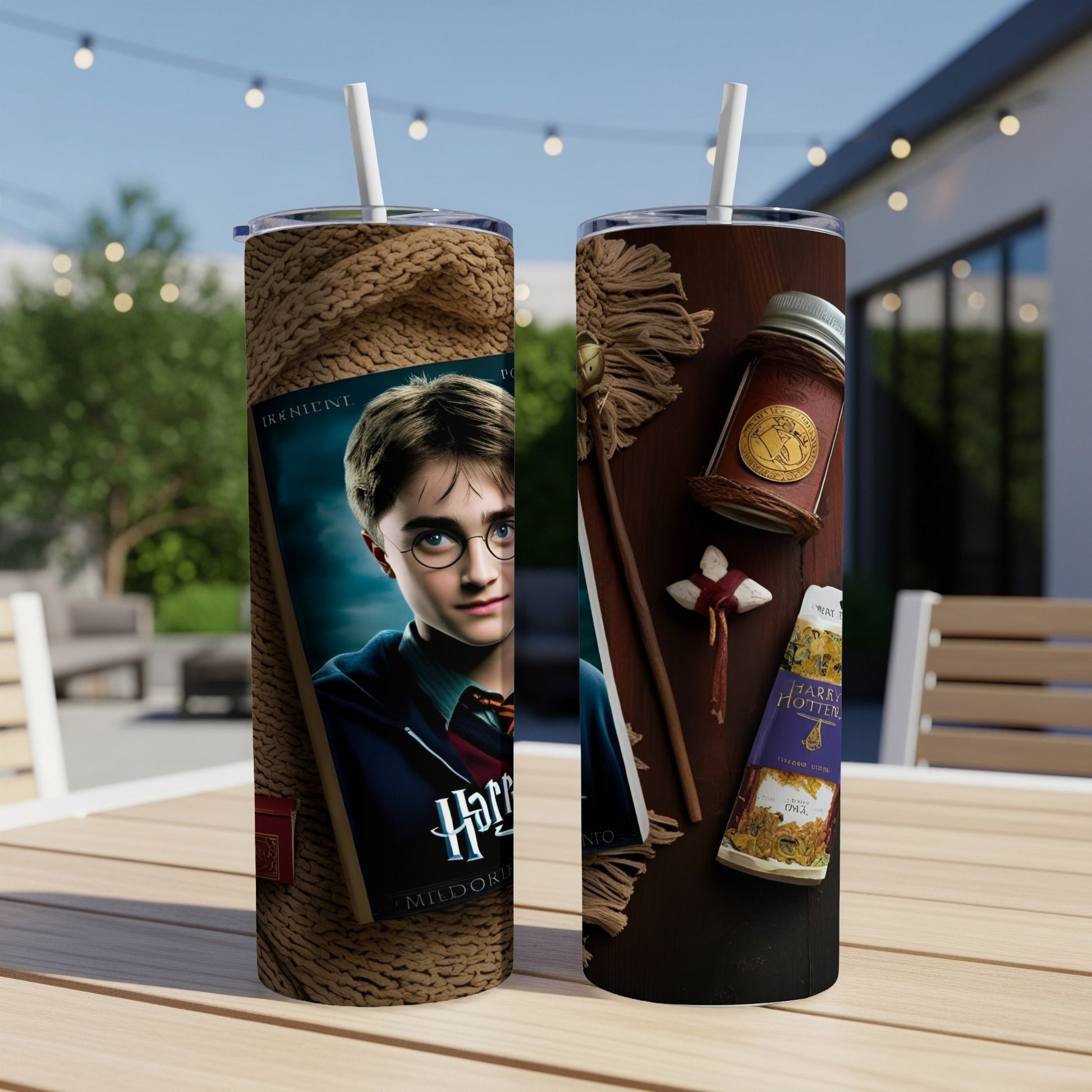 Harry Potter tumbler with Hogwarts crest and potion bottles.