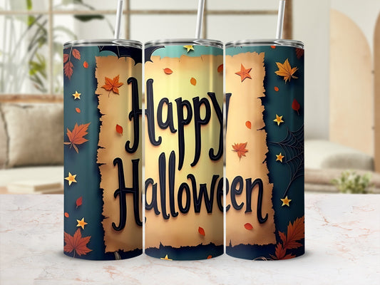 Three tumblers with a "Happy Halloween" design featuring autumn leaves and stars.