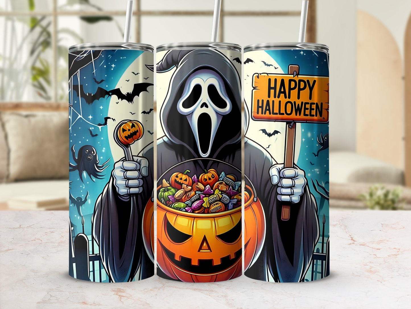 Grim Reaper holding candy bucket, "Happy Halloween" sign, and pumpkin lollipop.