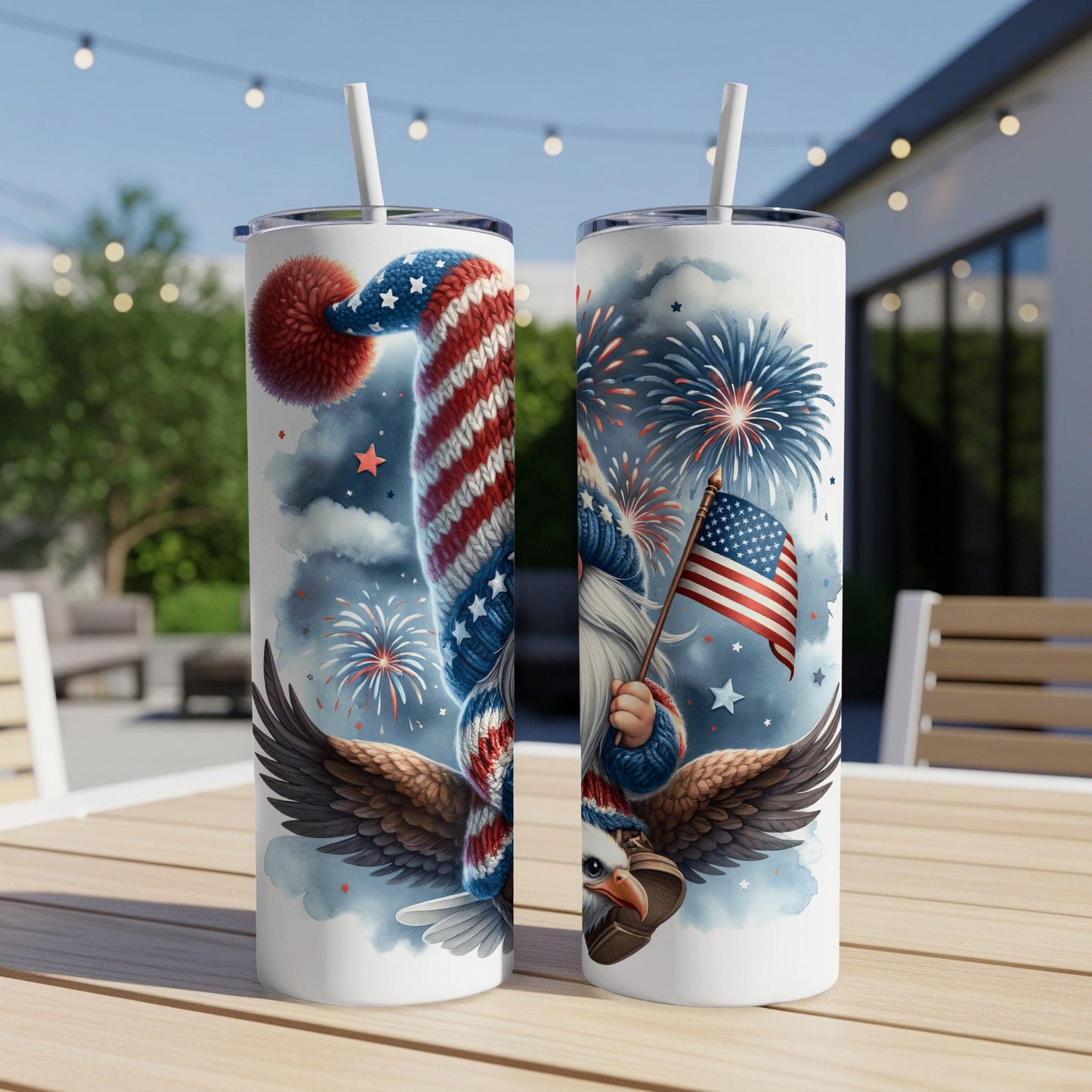 Two patriotic gnomes with eagles and fireworks designs on tumblers.