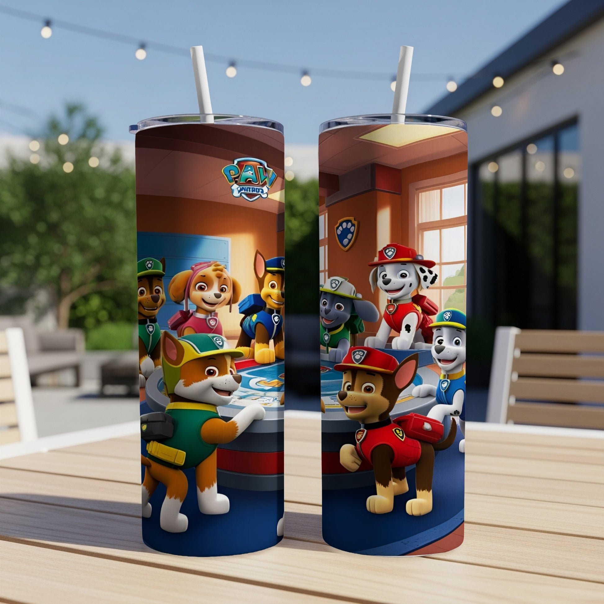 Paw Patrol characters on a tumbler with outdoor background.