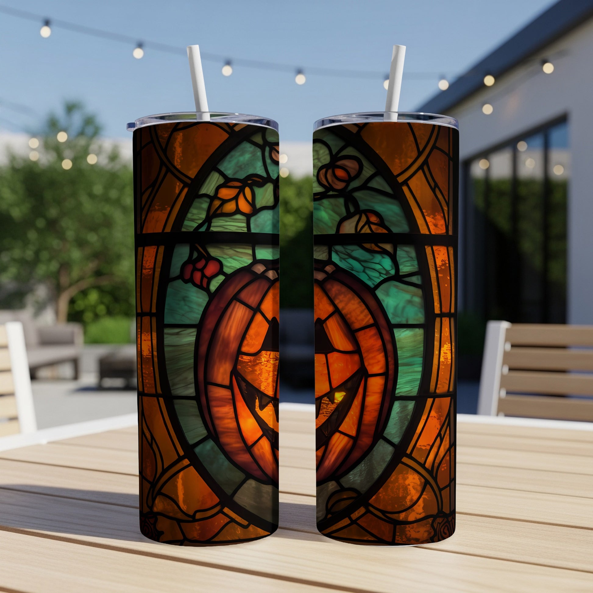 Two tumblers with stained-glass Halloween pumpkin design.