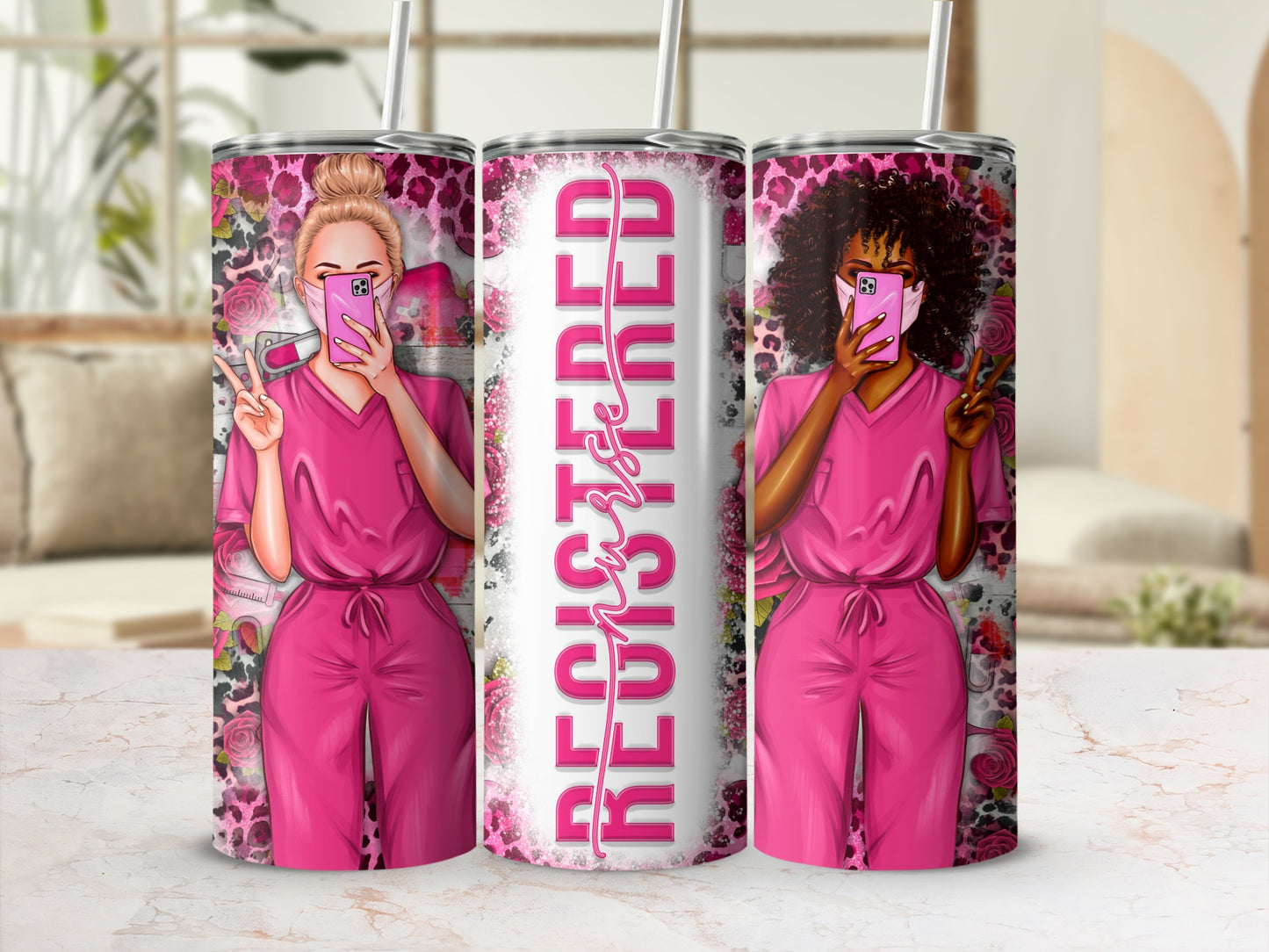 Two nurses in pink scrubs holding phones, one wearing a mask.