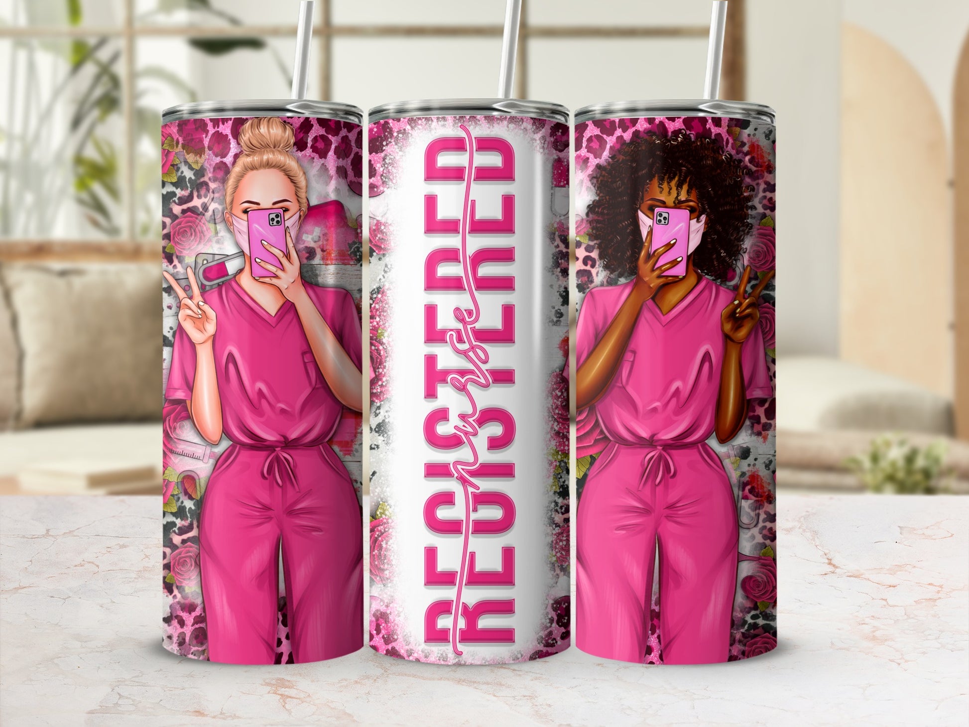 Two nurses in pink scrubs holding phones, one wearing a mask.
