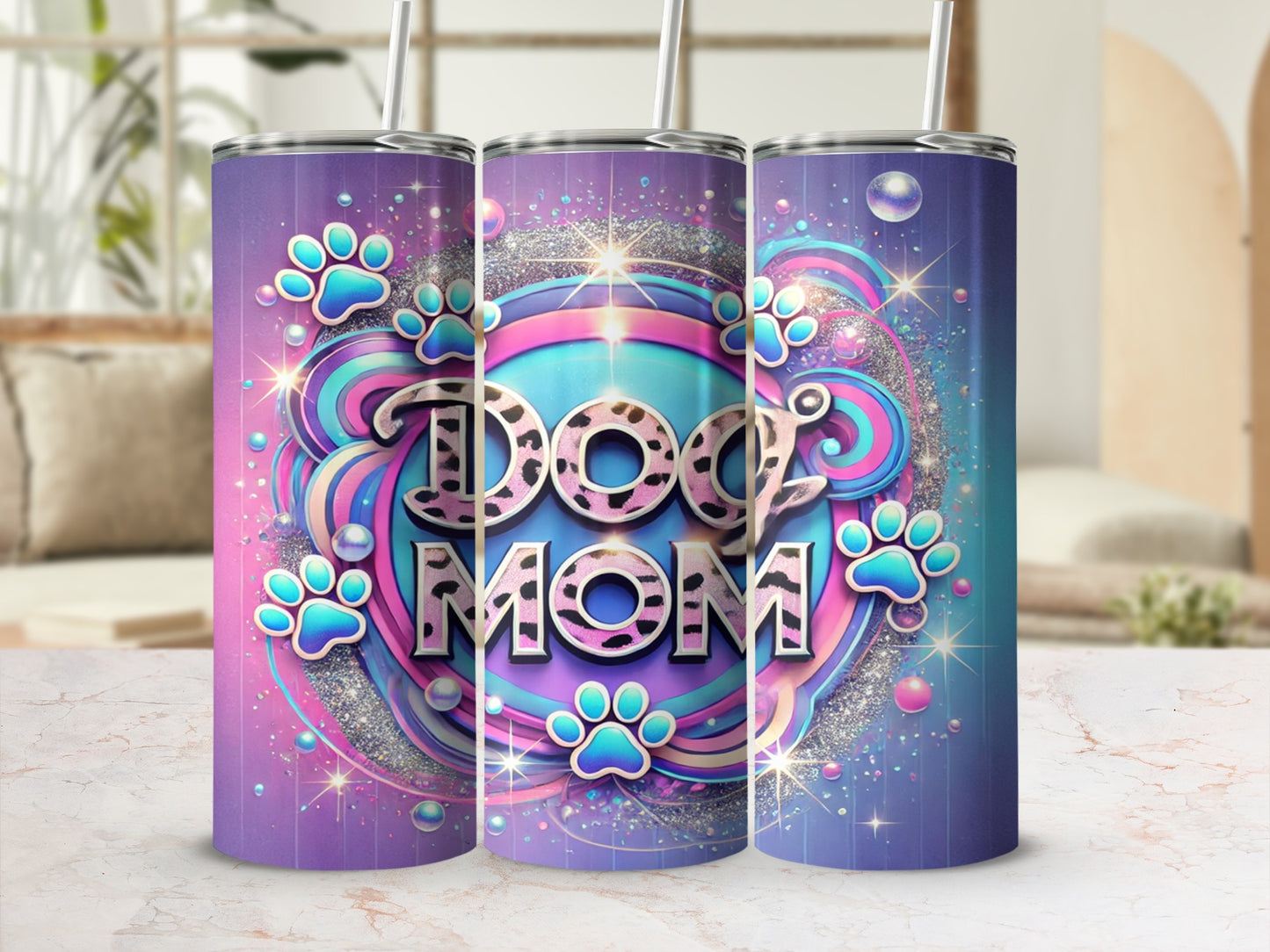 Glittery Dog Mom Tumbler with Colorful Paw Prints Design