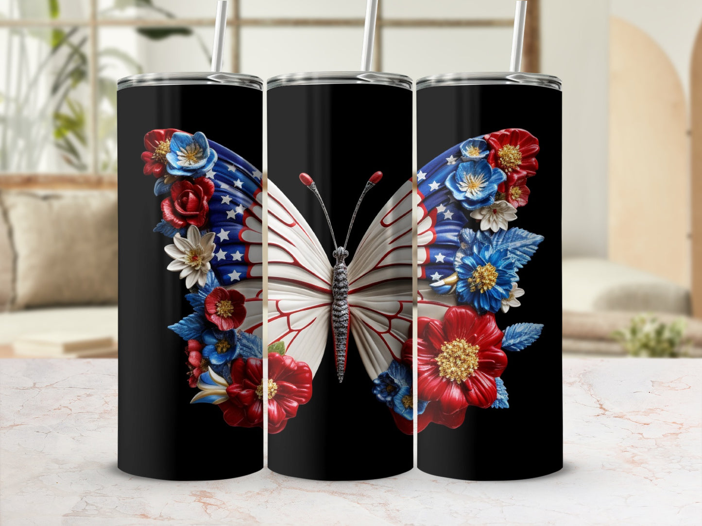Black tumbler with a patriotic butterfly design adorned with red, white, and blue flowers.