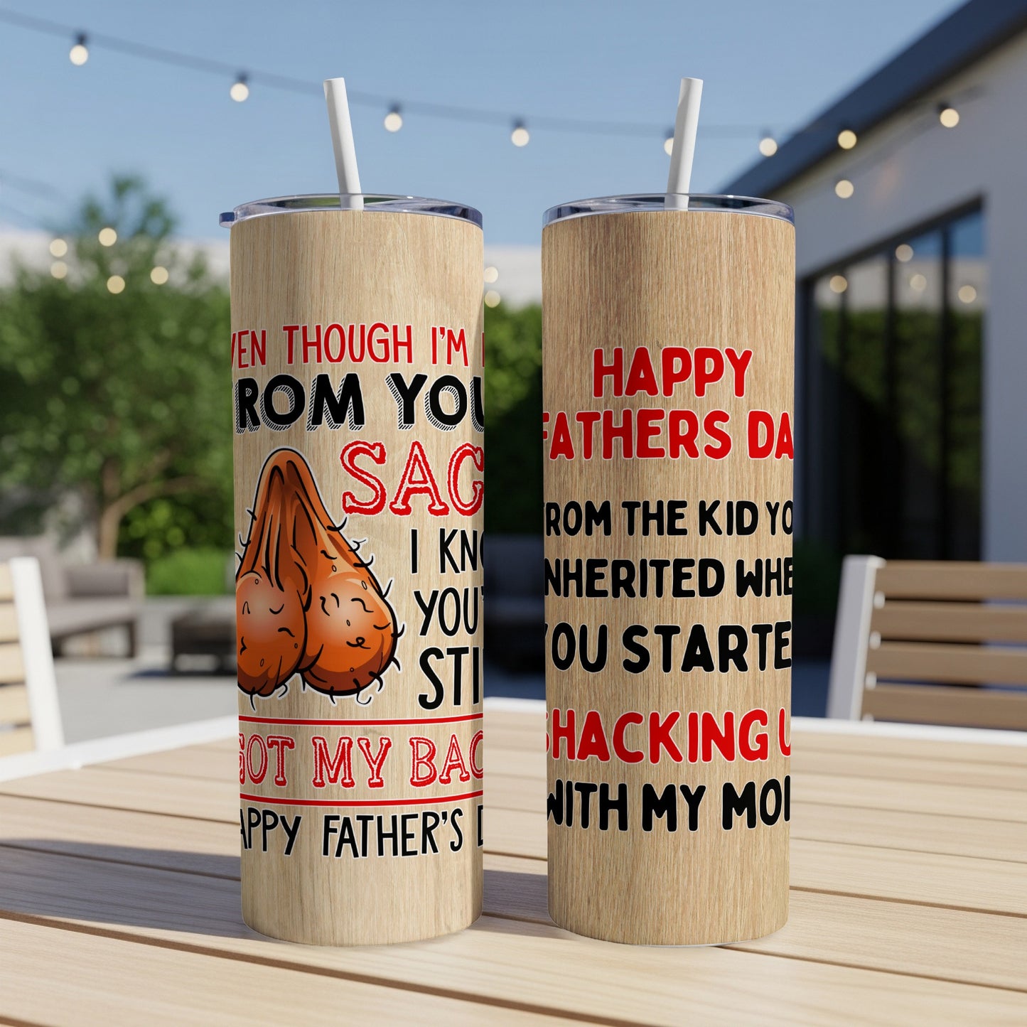 Tumbler with "Happy Father's Day" and humorous text and illustration.