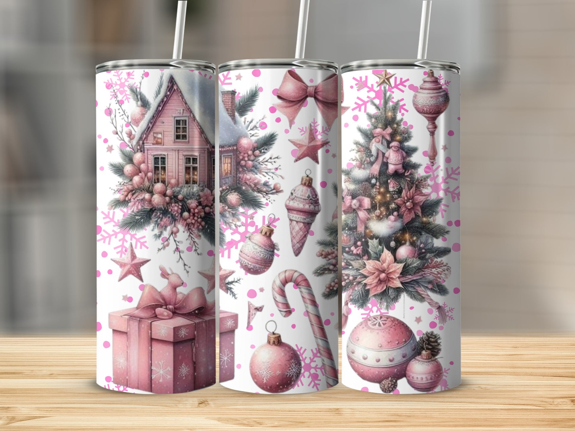 Pink Christmas Holiday Tumbler Featuring Festive Designs