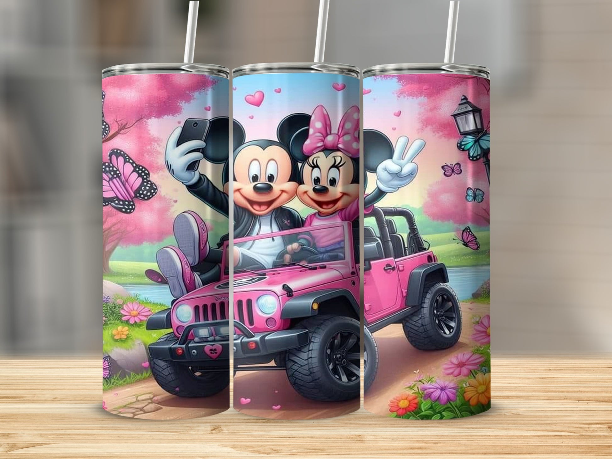 Cute Cartoon Characters on Pink Jeep Travel Mug