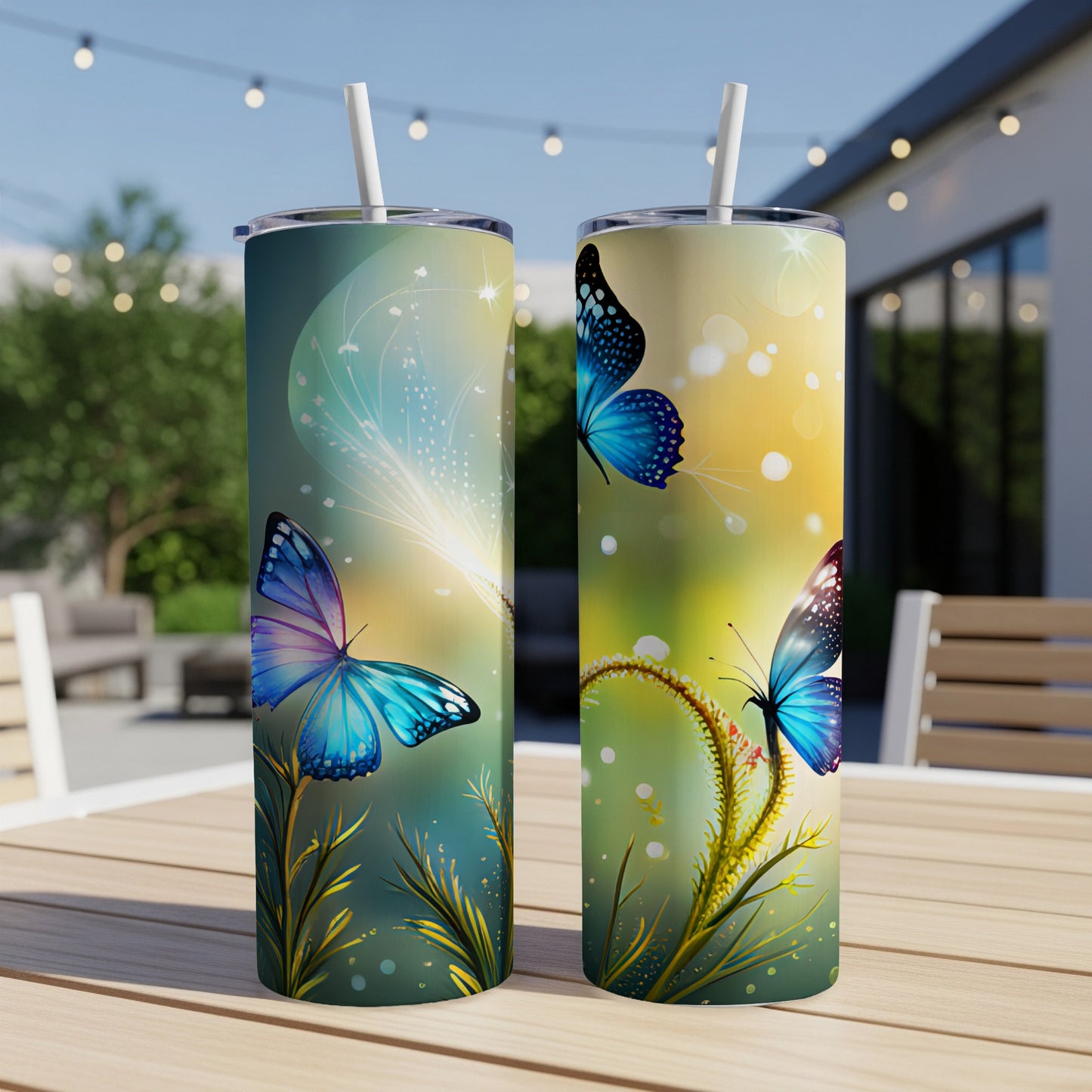 Two tall tumblers with blue butterflies and glowing floral accents.