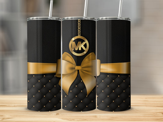Black and Gold Quilted Pattern with Gold Bow Tumbler