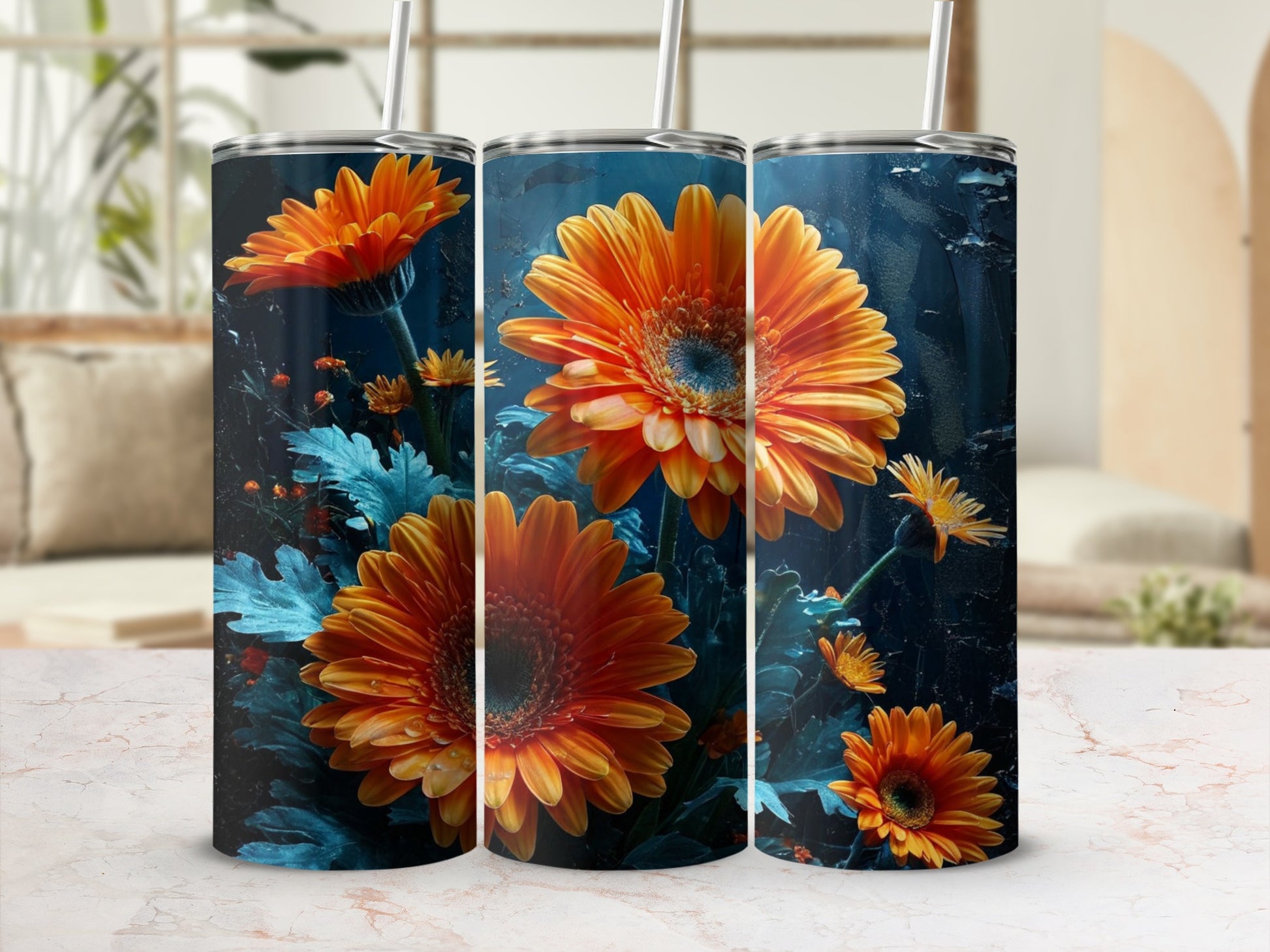 Three orange gerbera daisies with blue-green foliage on a dark background.