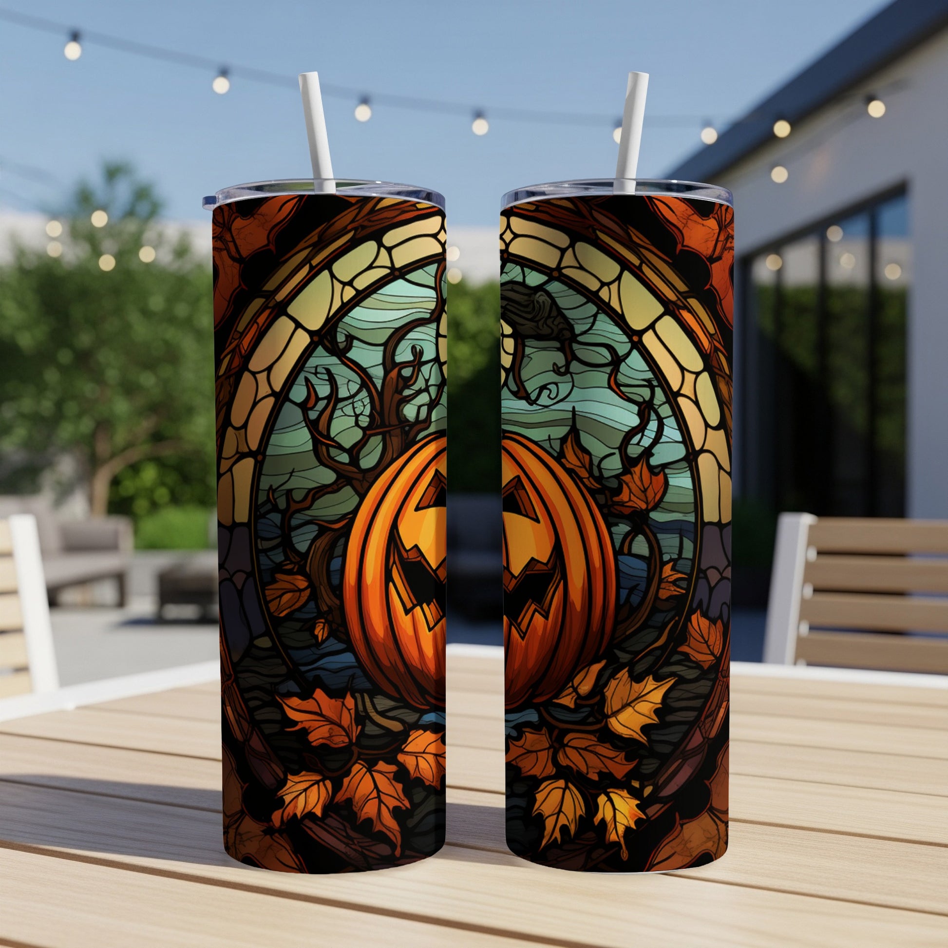 Two tumblers with a stained-glass Halloween pumpkin design.