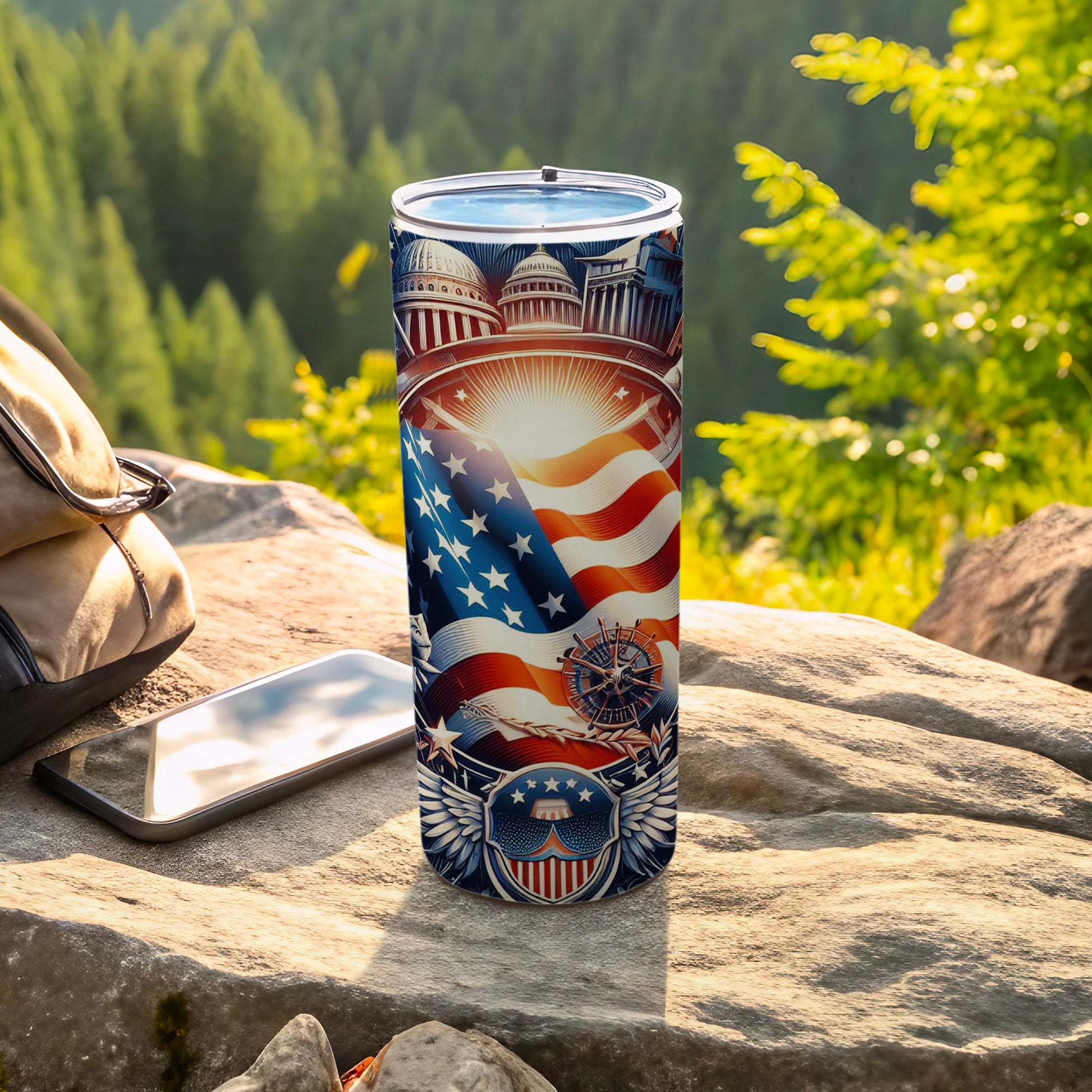Patriotic tumbler with US flag, capitol building, and compass.