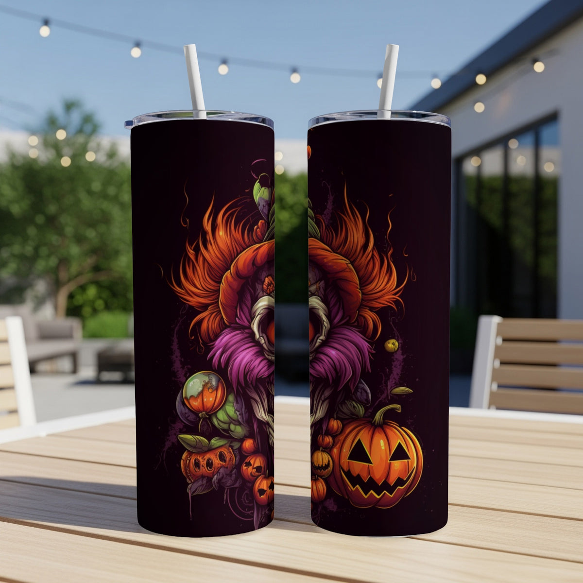 Two Halloween tumblers with a spooky pumpkin and floral design.