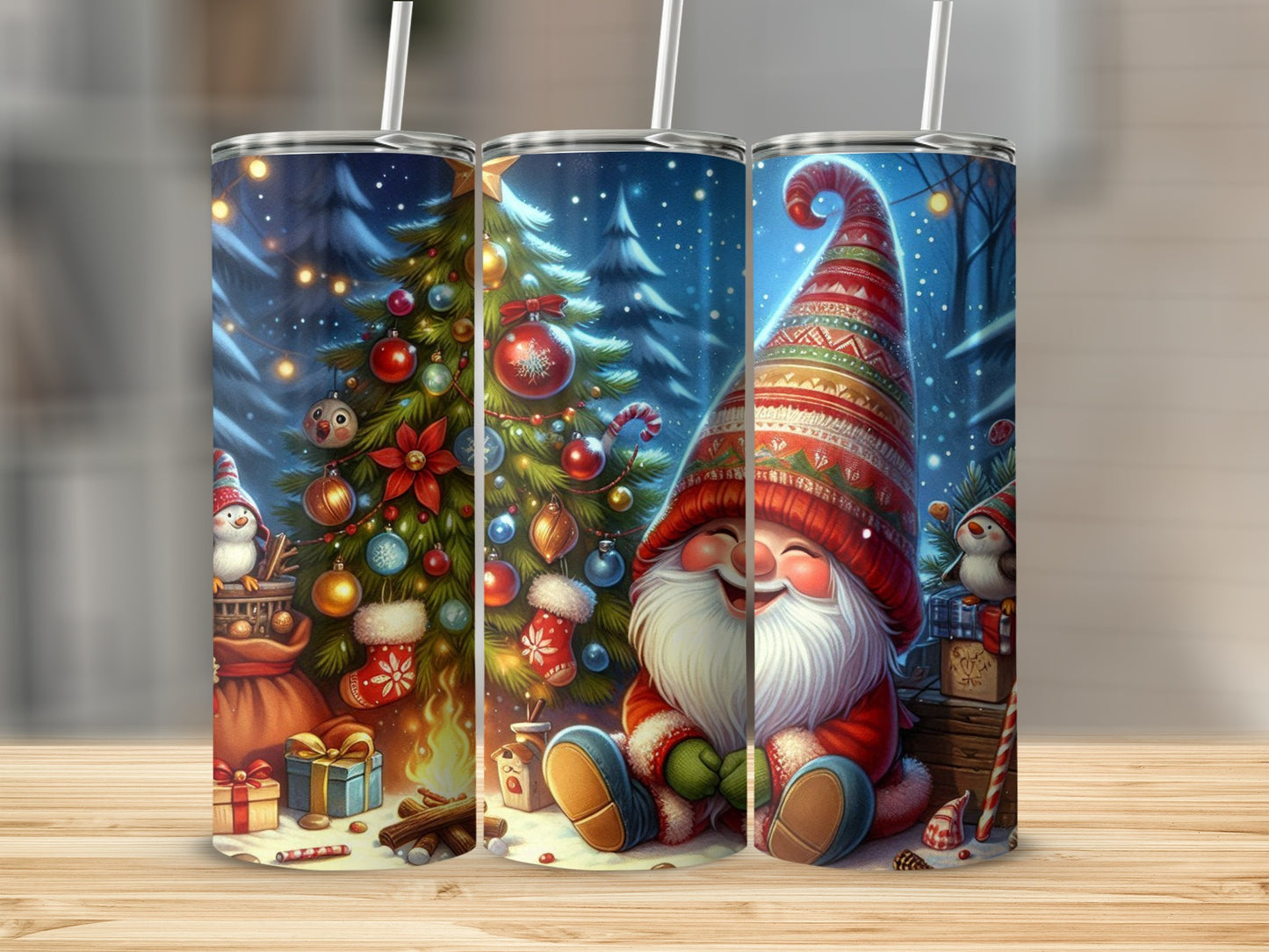 Trio of Christmas gnomes with gifts and decorated tree.