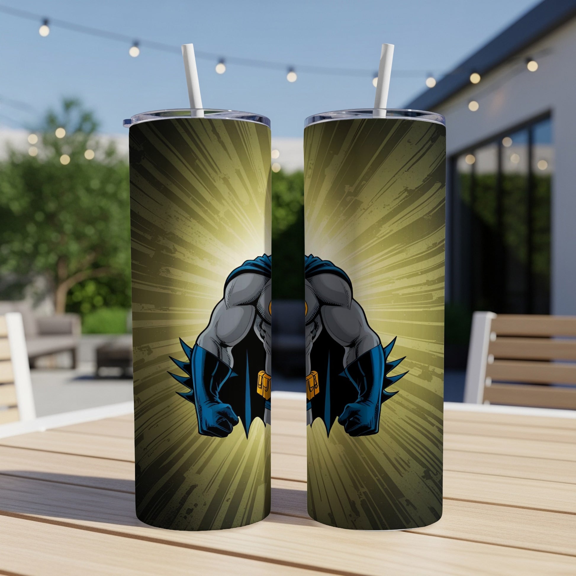 Batman in a dynamic pose with yellow lightburst on a skinny tumbler.