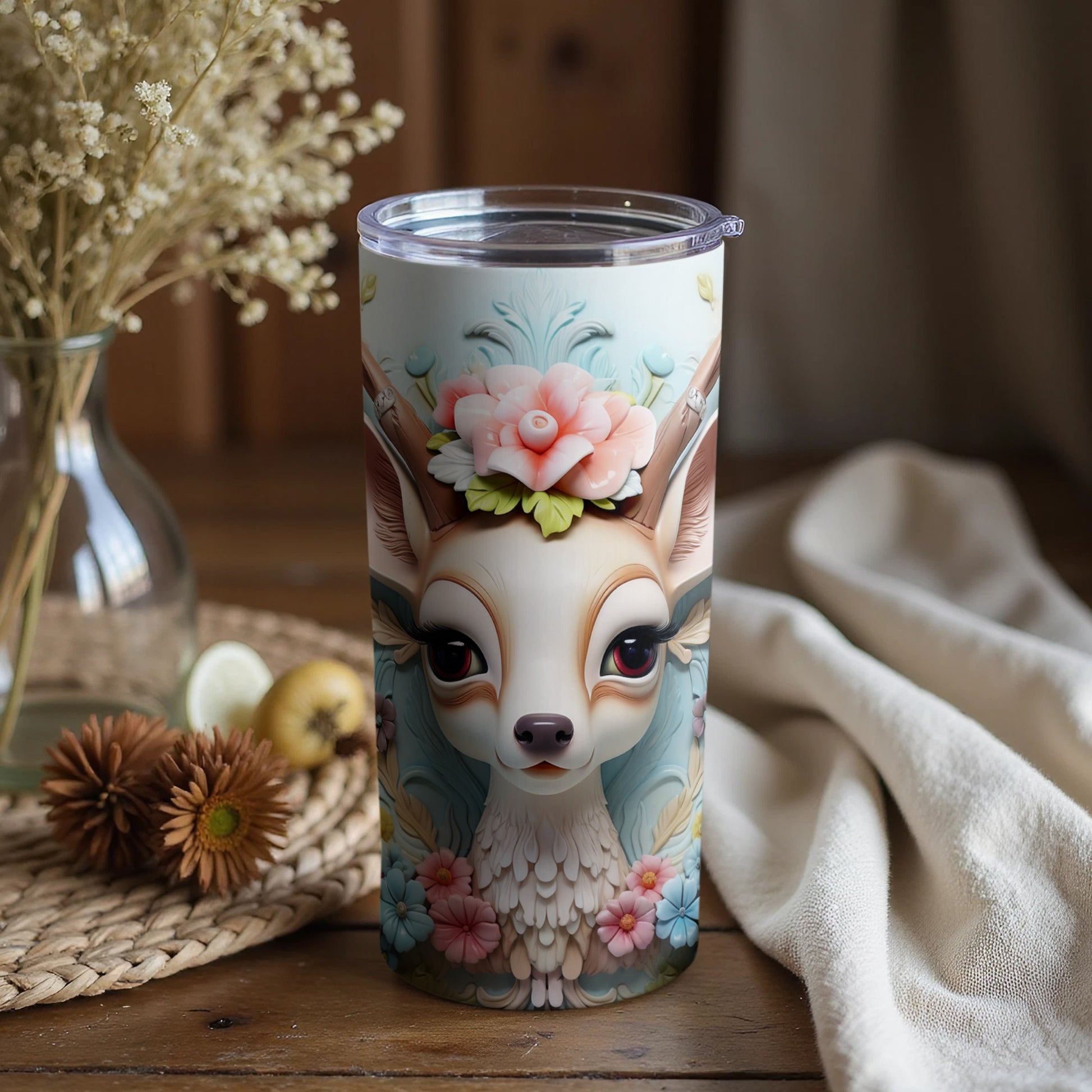 Cute Floral Deer Themed Tumbler for Hot or Cold Drinks