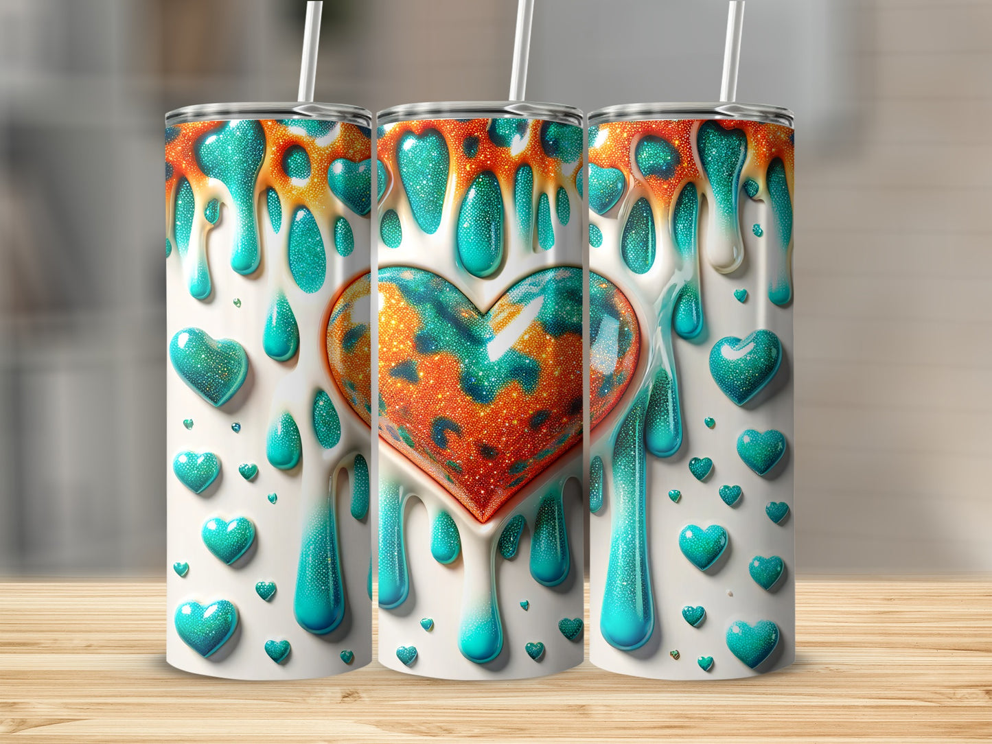 Hearts Drips Orange And Green Valentine's Day! Dripping Hearts Turquoise Glaze Design Decorative Tumblers