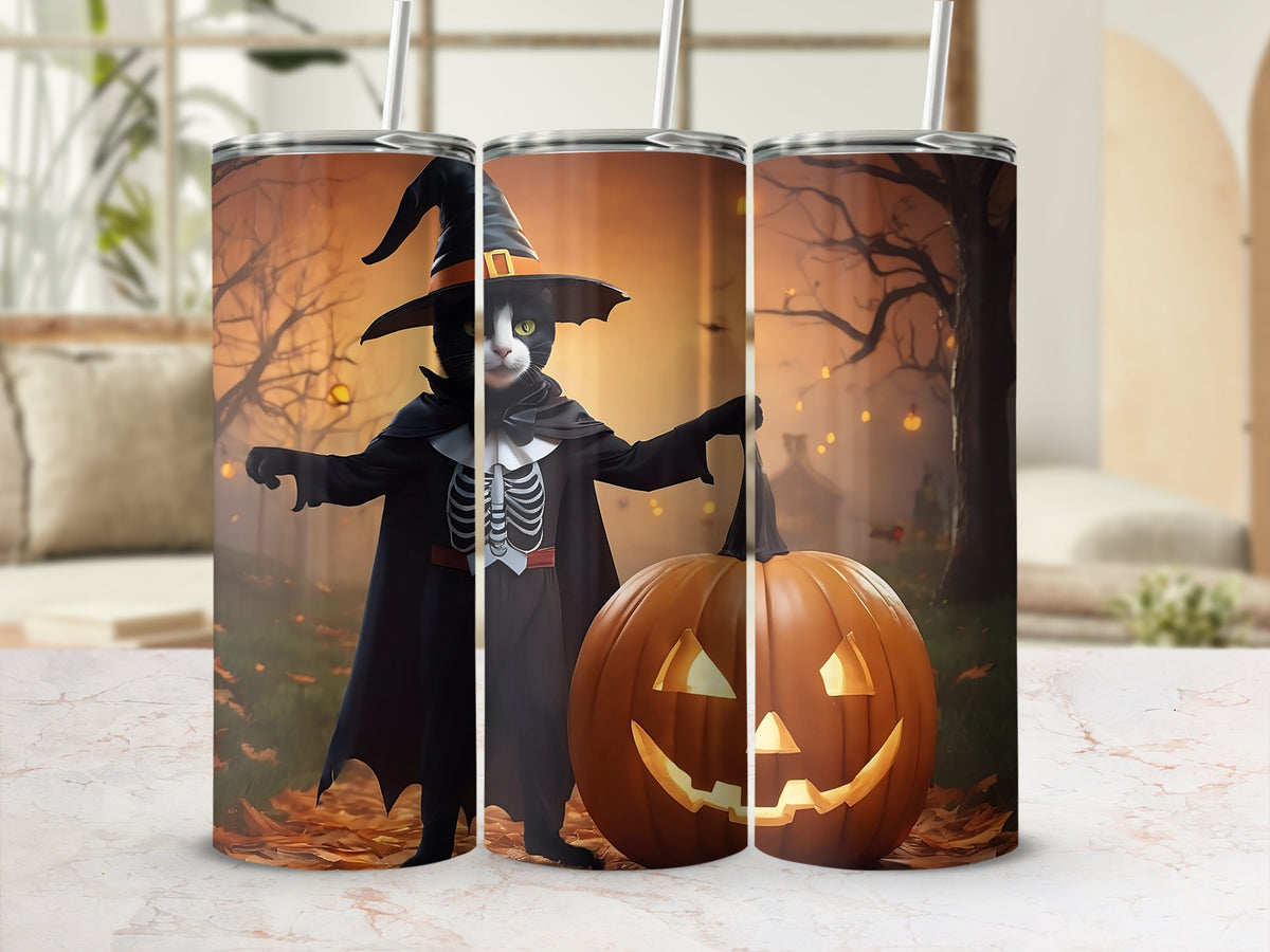 Triptych of tumblers featuring a black cat in a witch hat holding a jack-o'-lantern.