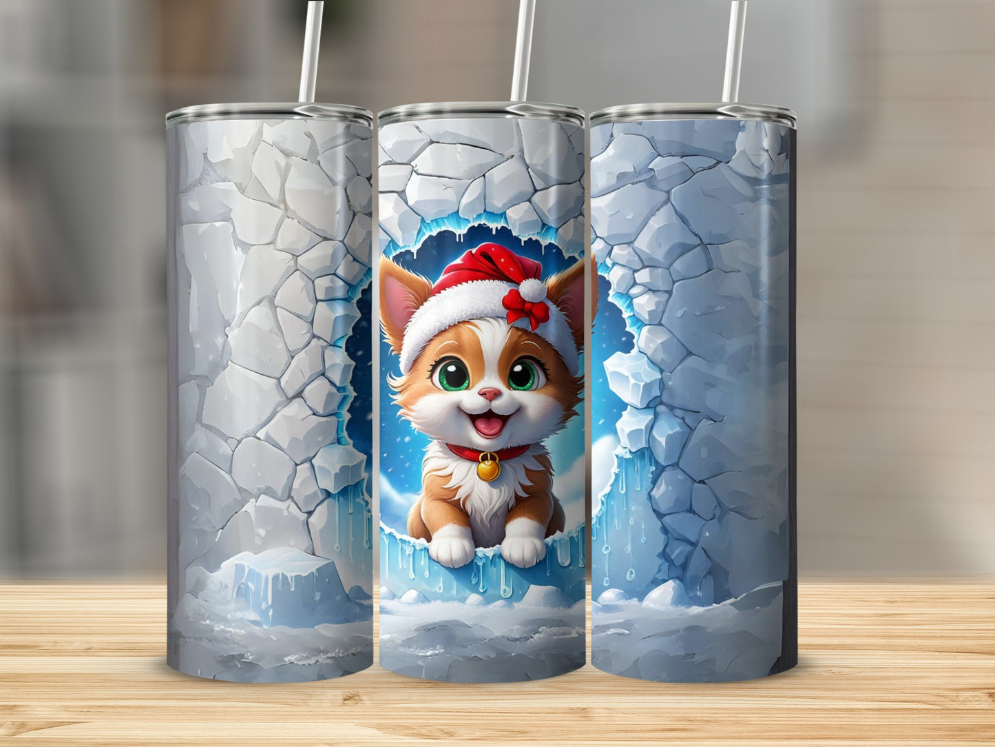Christmas kitten in a Santa hat peeking from icy cave on a tumbler.